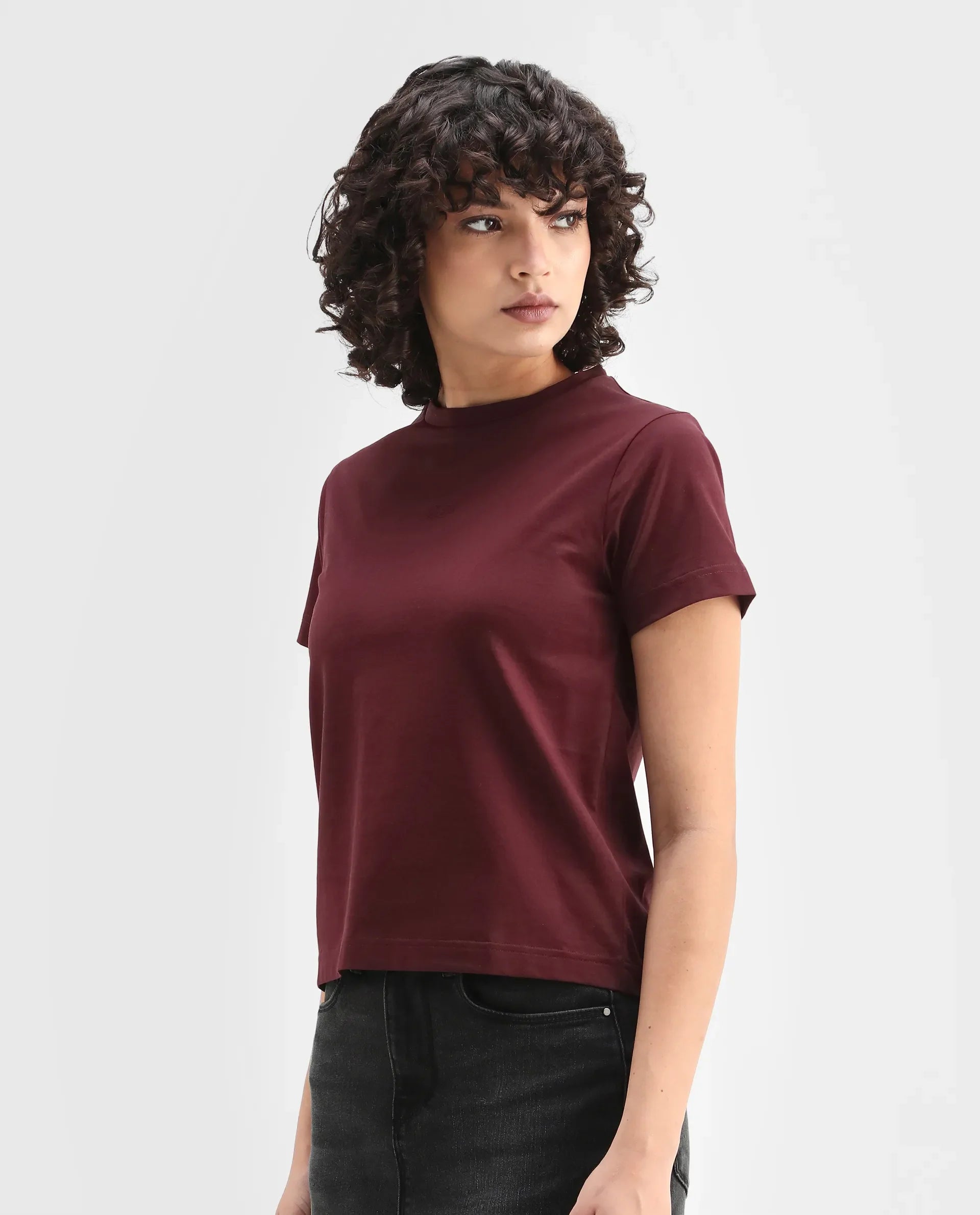 Rareism Women's Clive Dark Maroon Cotton Crew Neck Regular Fit T-Shirt