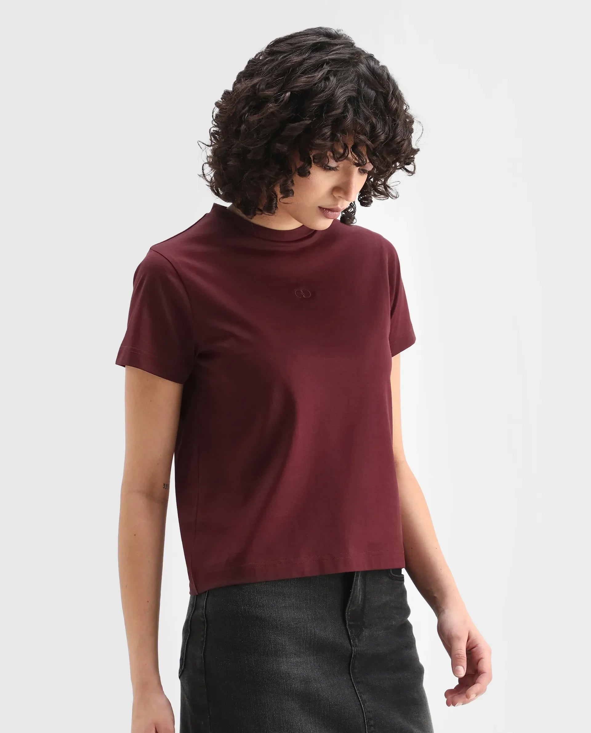 Rareism Women's Clive Dark Maroon Cotton Crew Neck Regular Fit T-Shirt