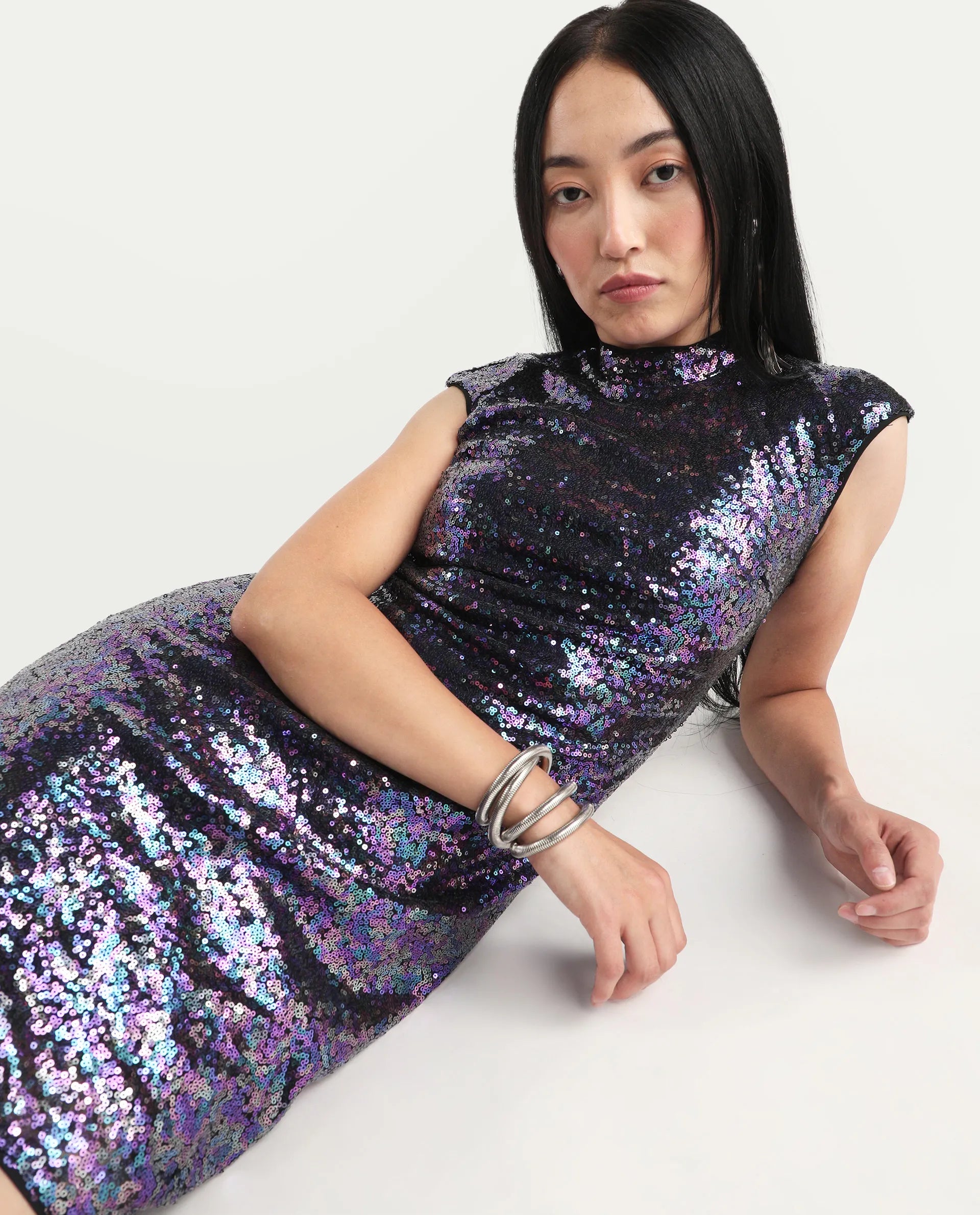 Rareism Women's Clory Sheen Multi Polyester High Neck Sequined Extended Sleeves Mini Regular Fit Dress