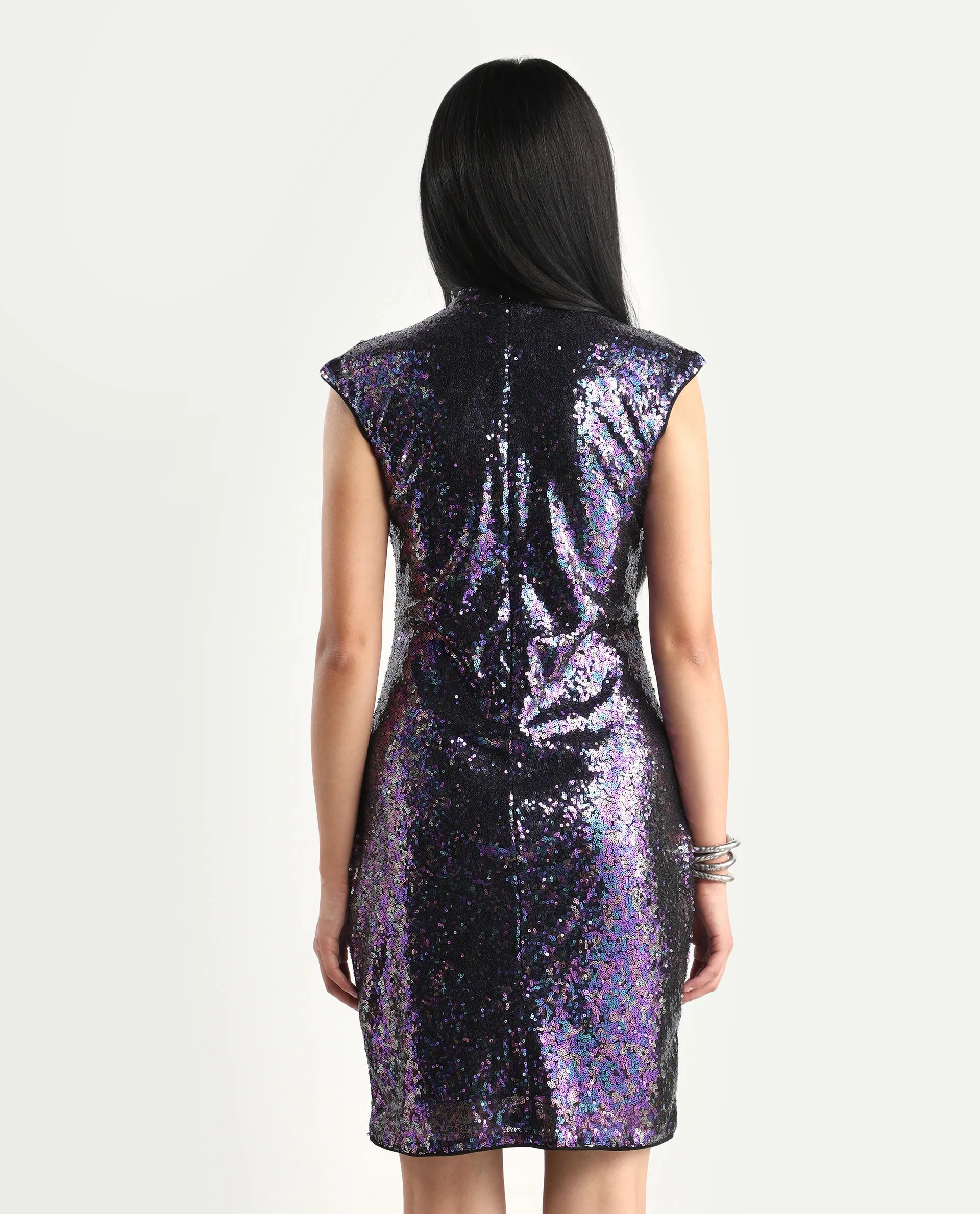 Rareism Women's Clory Sheen Multi Polyester High Neck Sequined Extended Sleeves Mini Regular Fit Dress