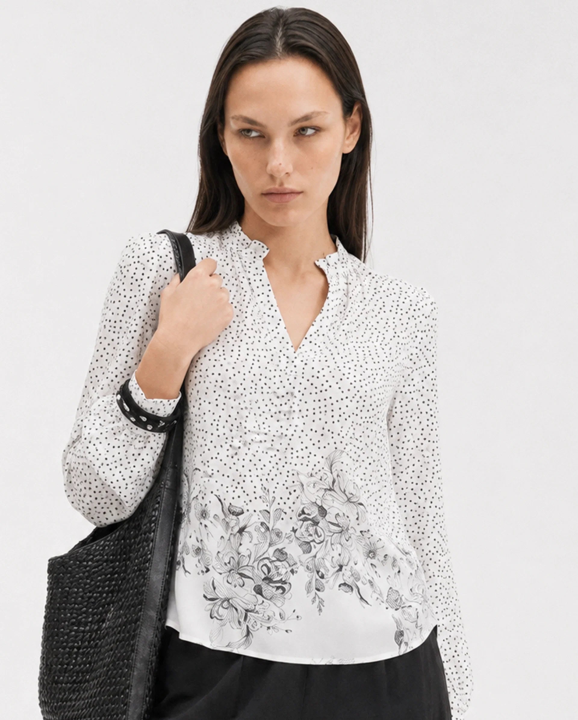 Rareism Women's Coco Off White Viscose Blend Full Sleeve Relaxed Fit Floral Print Top