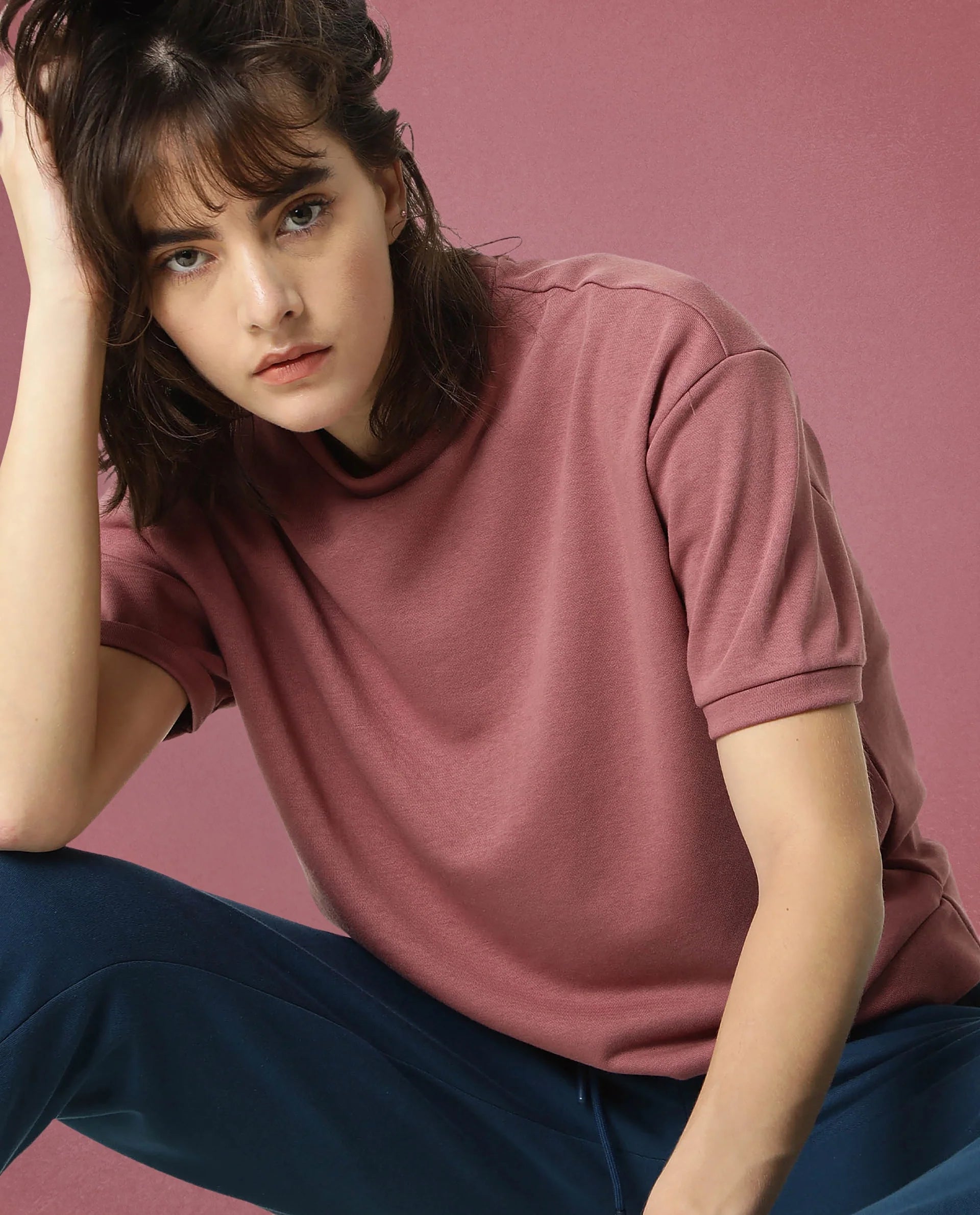 Rareism Women's Medium Weight Terry 290 Gsm Cotton Crew Neck Plain Relaxed Fit Sweat Tee