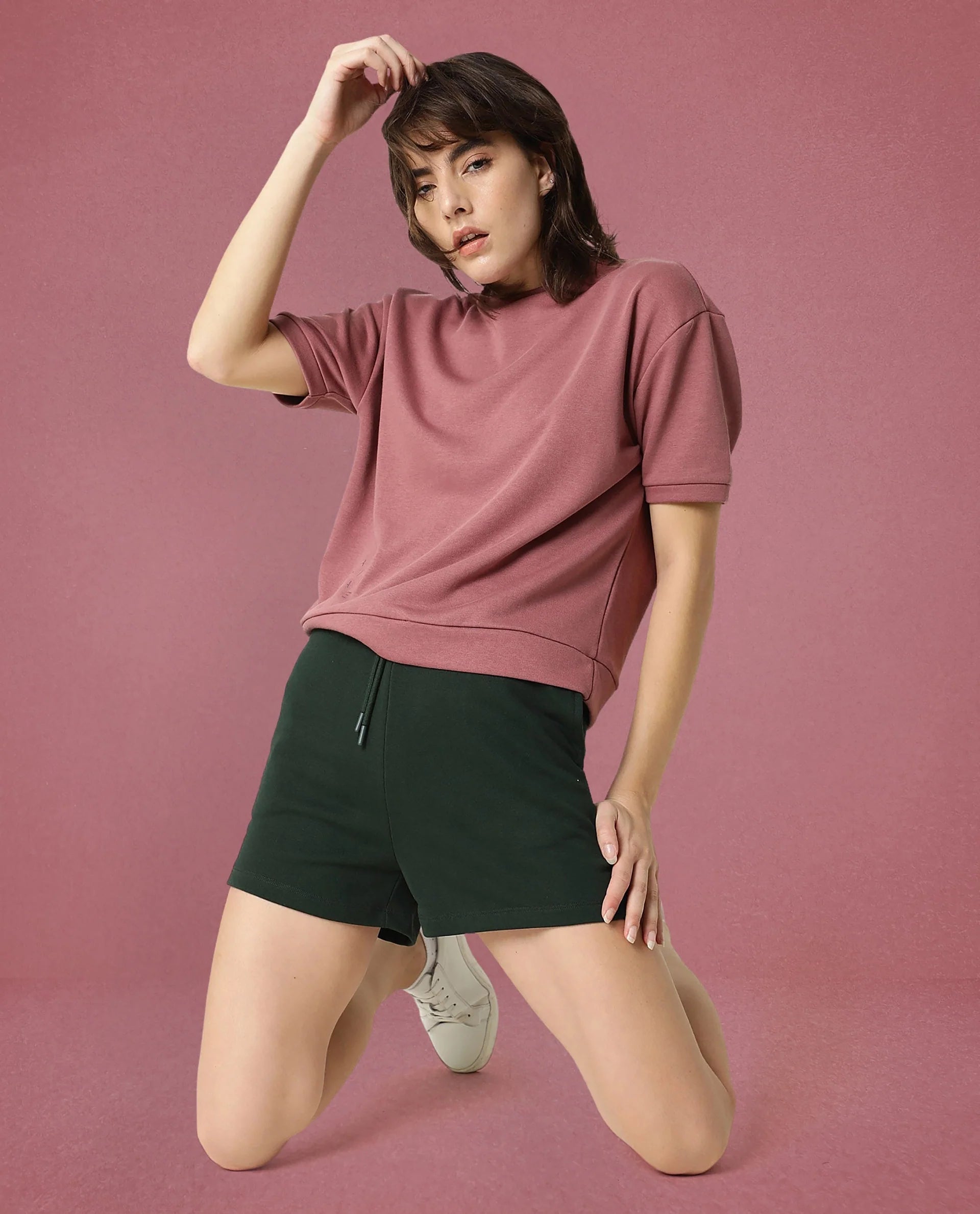 Rareism Women Coco Dark Pink Cotton Fabric Half Sleeves Relaxed Fit Solid Round Neck Sweat Tee