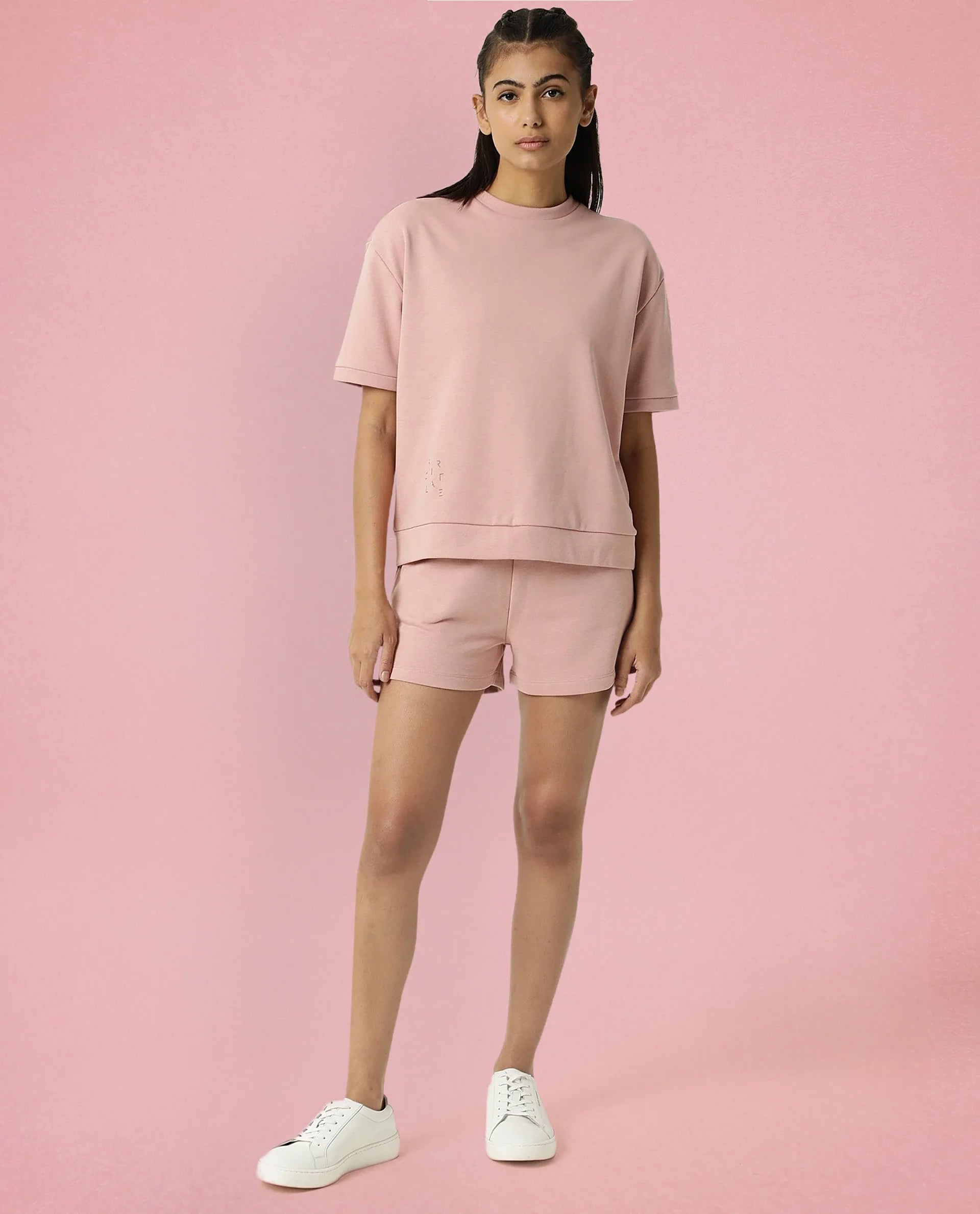Rareism Women's Medium Weight Terry 290 Gsm Cotton Crew Neck Plain Relaxed Fit Sweat Tee
