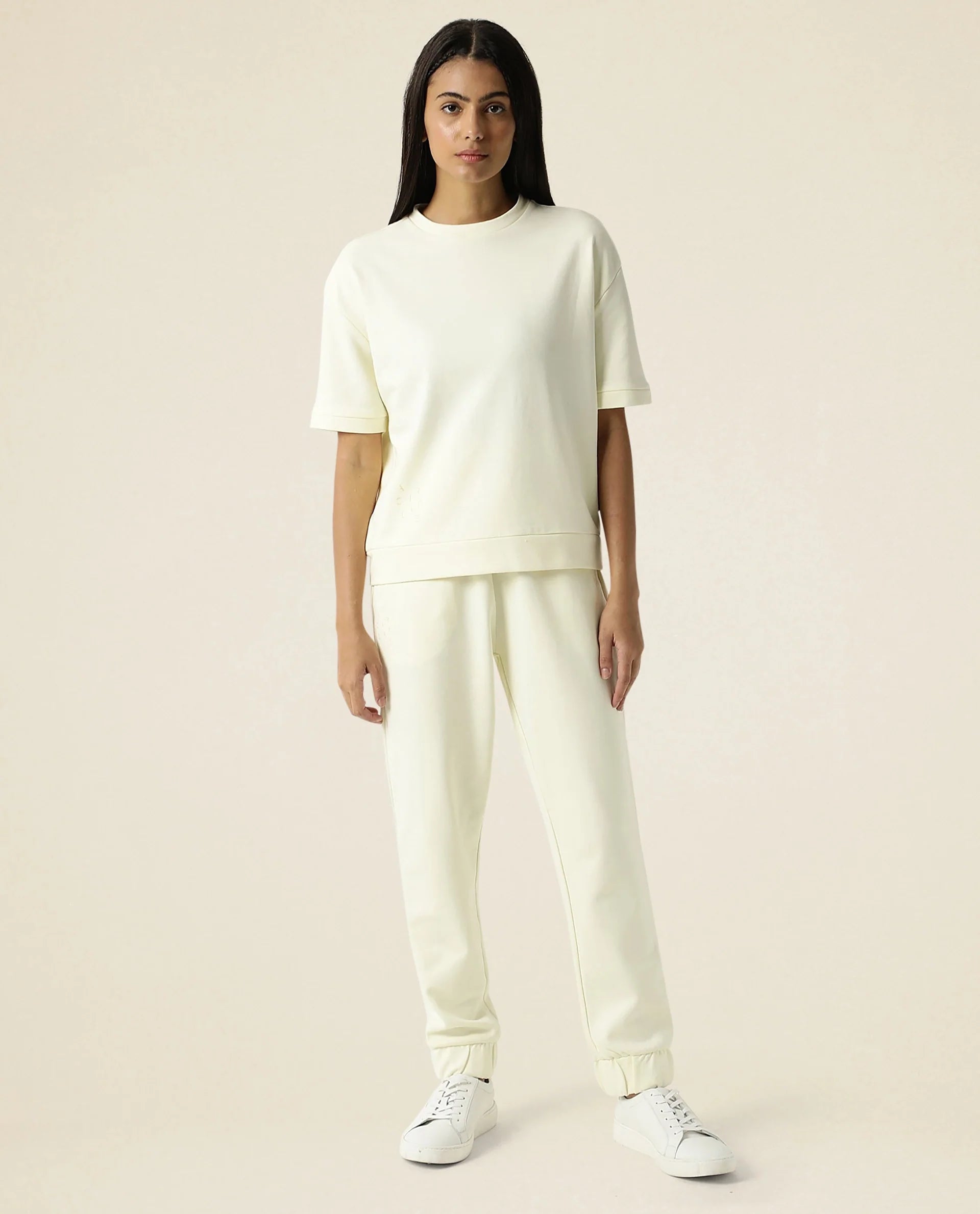 Rareism Women's Medium Weight Terry 290 Gsm Cotton Crew Neck Plain Relaxed Fit Sweat Tee