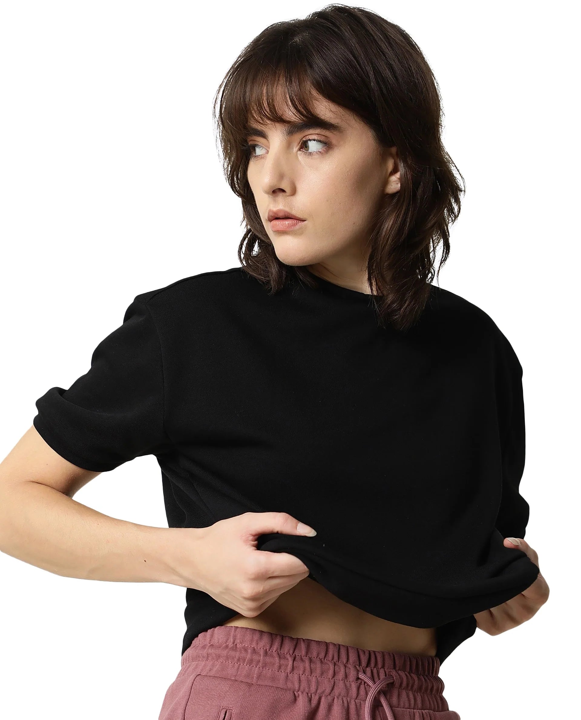 Rareism Women Coco Black Cotton Fabric Half Sleeves Regular Fit Solid Round Neck Sweat Tee