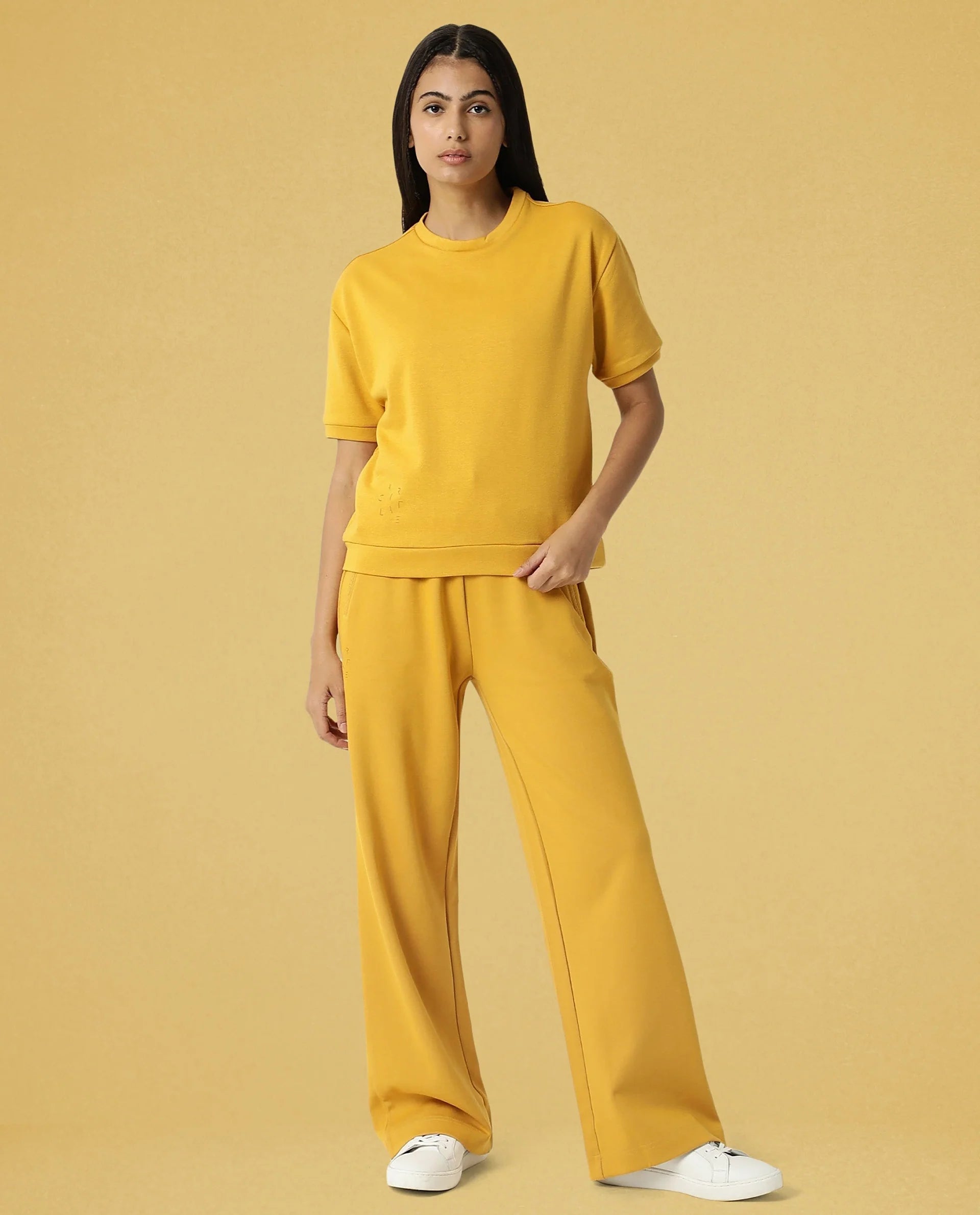 Rareism Women Coco Mustard Cotton Fabric Half Sleeves Relaxed Fit Solid Round Neck Sweat Tee