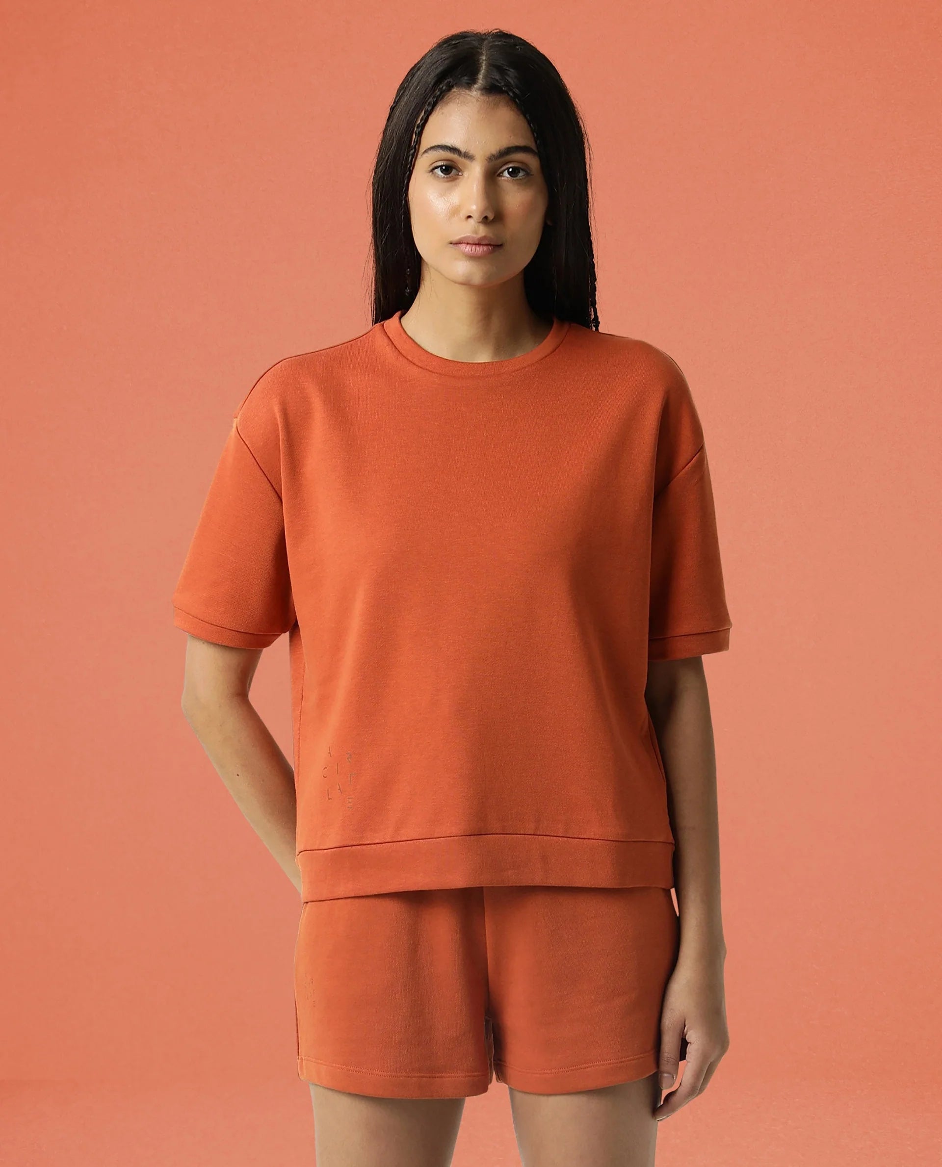 Rareism Women's Medium Weight Terry 290 Gsm Cotton Crew Neck Plain Relaxed Fit Sweat Tee