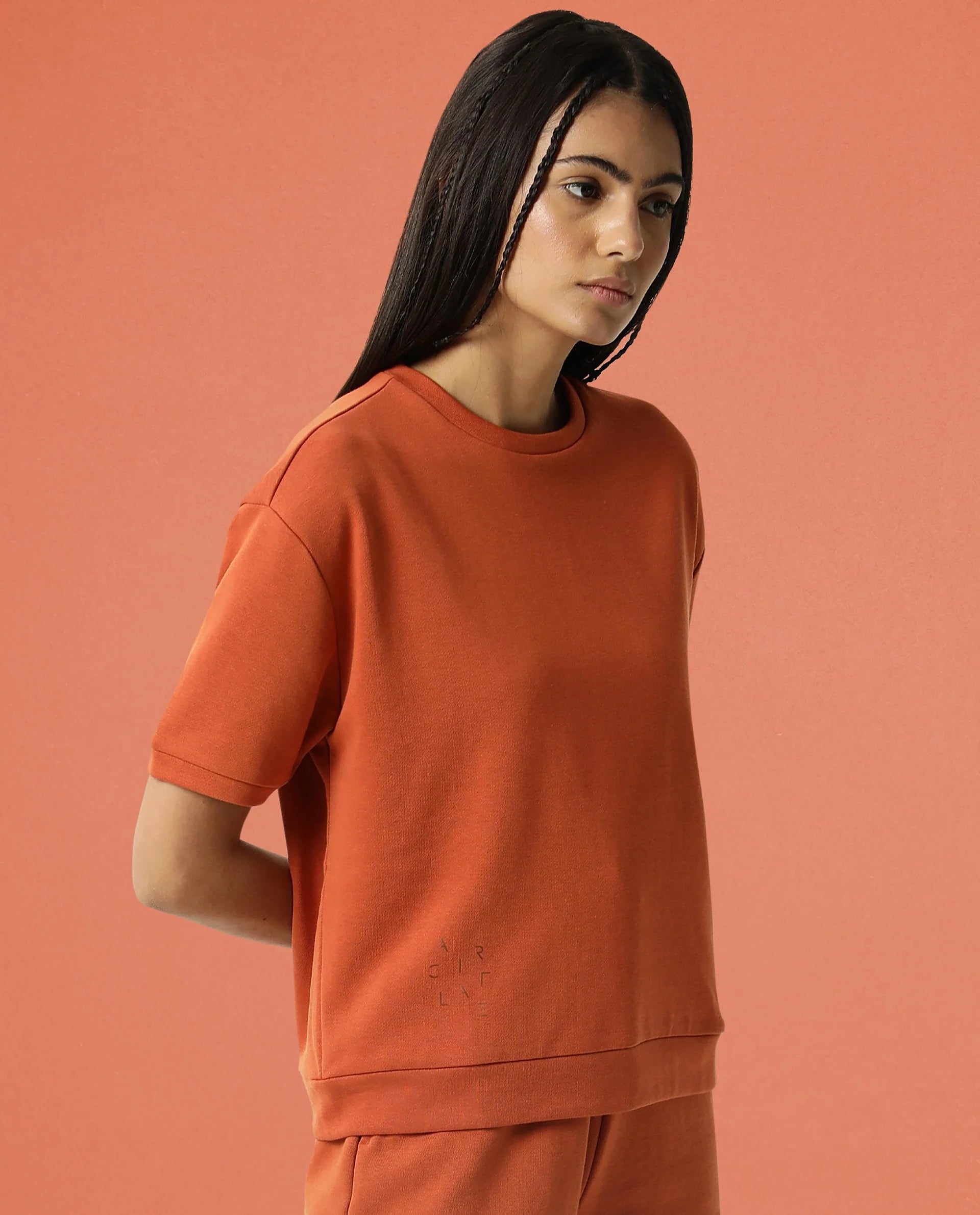 Rareism Women's Medium Weight Terry 290 Gsm Cotton Crew Neck Plain Relaxed Fit Sweat Tee