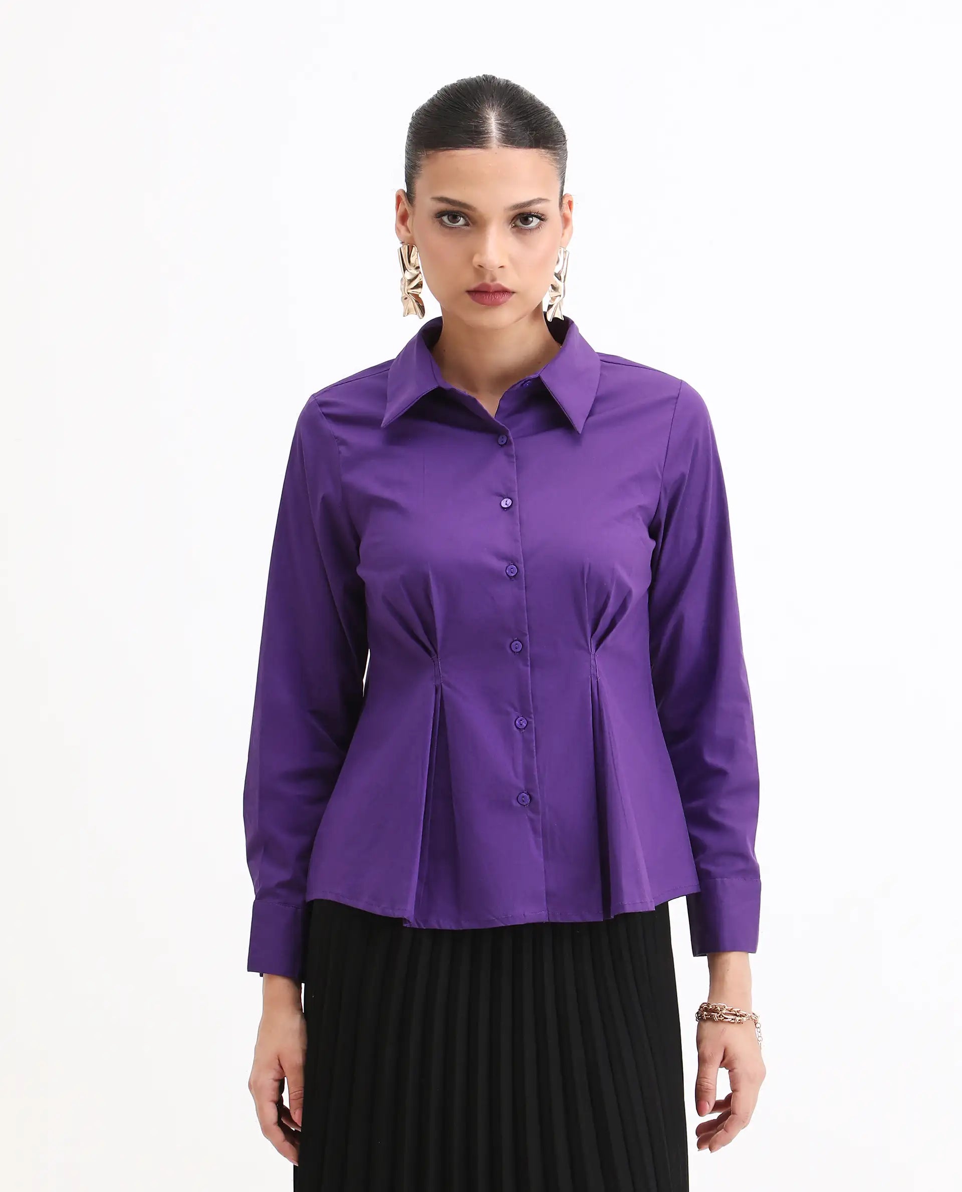 Rareism Women's Cojin Purple Cotton Blend Drop Collar Plain Cuffed Sleeve Regular Fit Top
