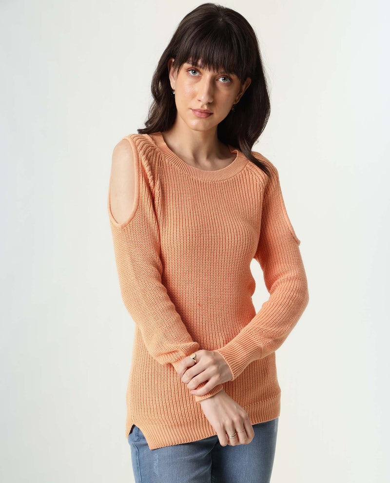 Rareism Women Cold Orange Cotton Fabric Full Sleeves Slim Fit Solid Boat Neck Sweater