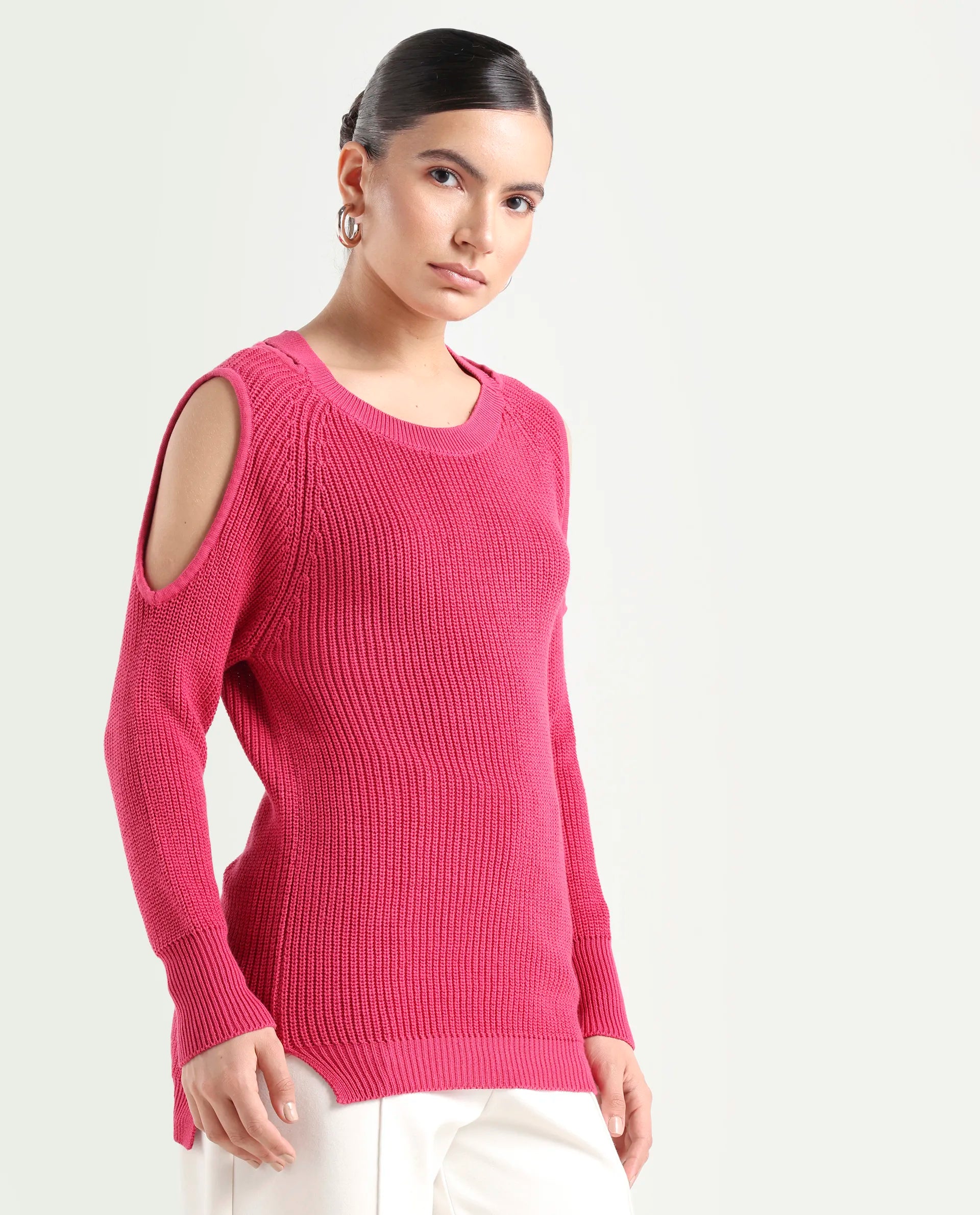 Rareism Women's Cold Pink Cotton Boat Neck Plain Slim Fit Sweater