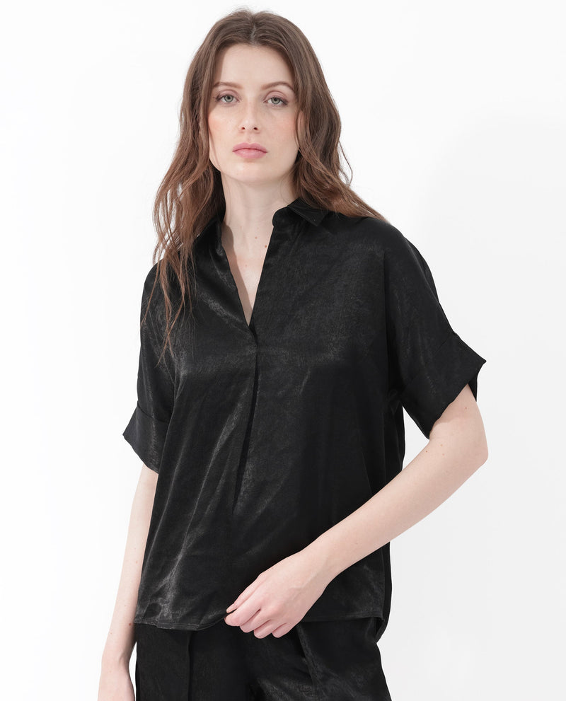 Rareism Women Cole Black Polyester Fabric Short Sleeves Johnny Collar Extended Sleeve Regular Fit Plain Top