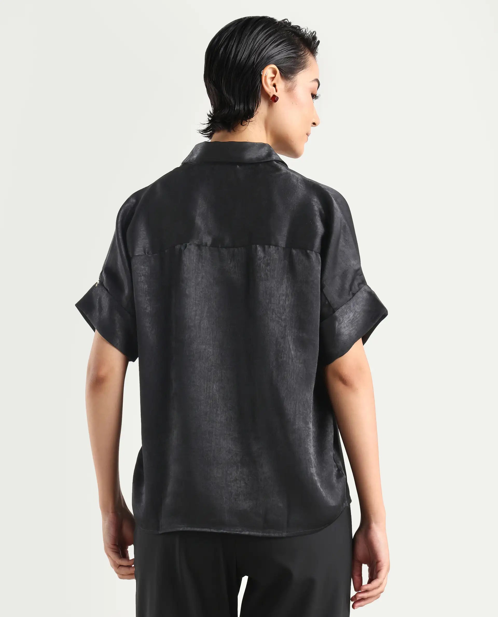 Rareism Women's Cole Black Polyester Drop Collar Plain Extended Sleeves Boxy Fit Top