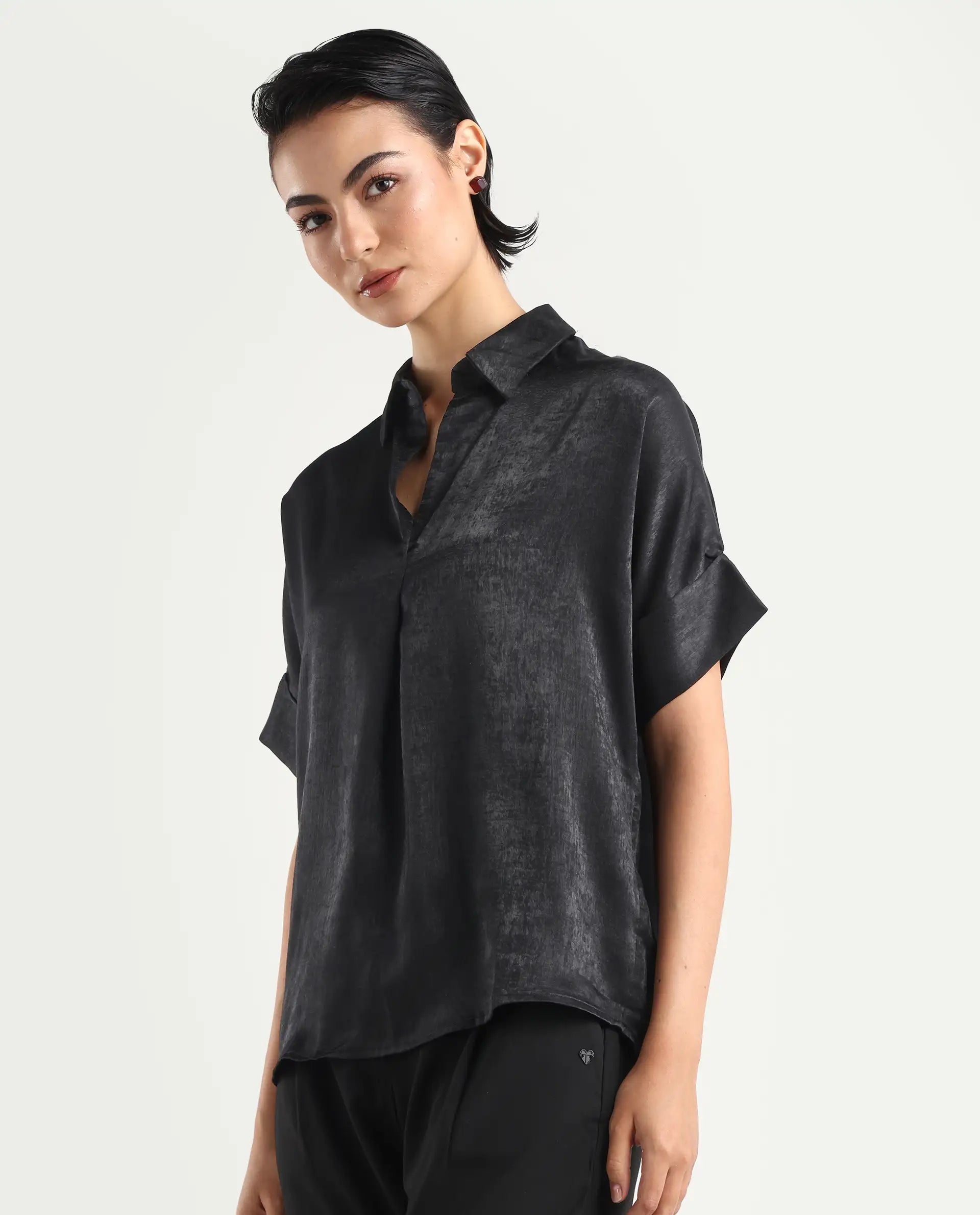 Rareism Women's Cole Black Polyester Drop Collar Plain Extended Sleeves Boxy Fit Top