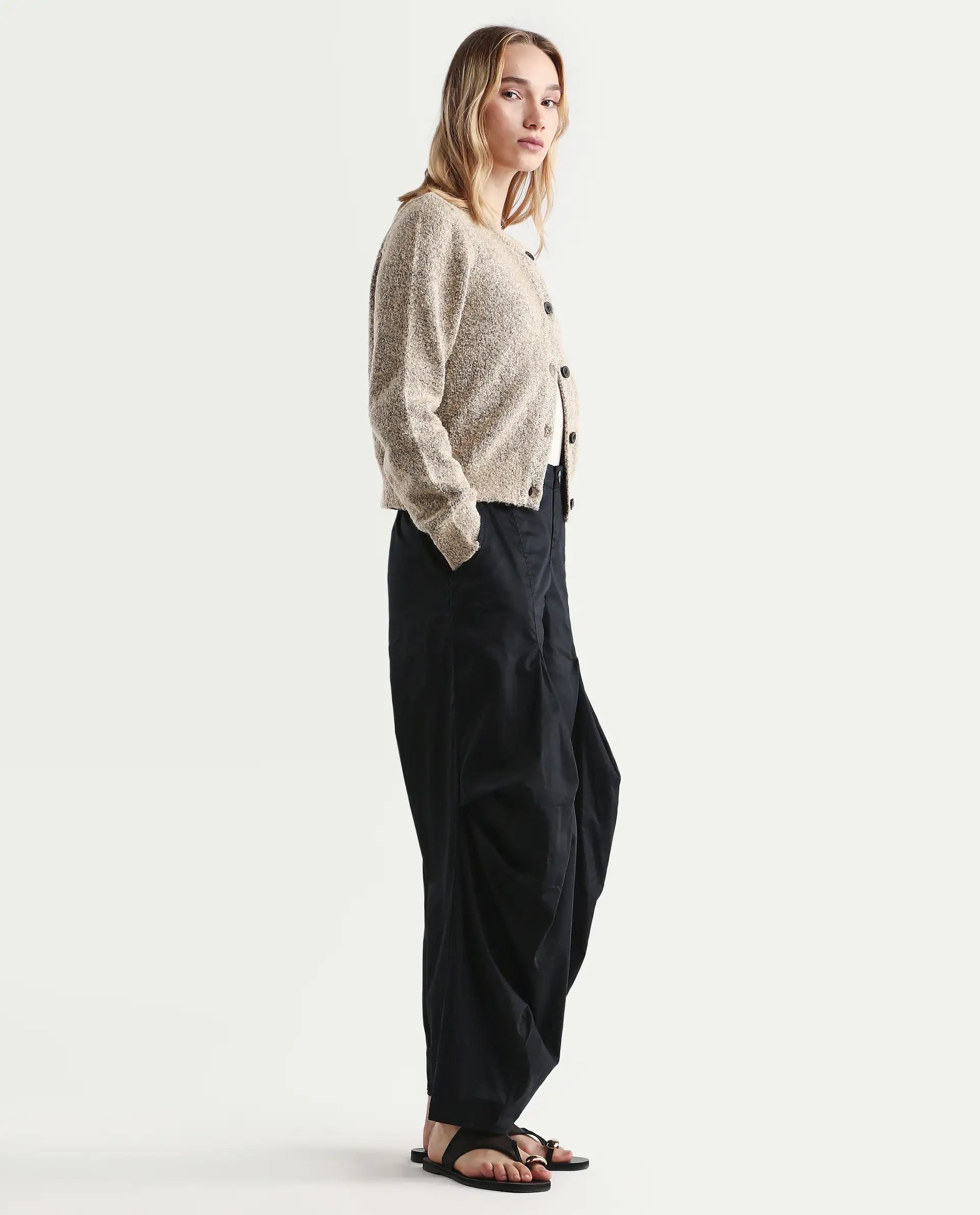 Rareism Women's Colema Black Cotton Plain Ankle Length Relaxed Fit Trouser