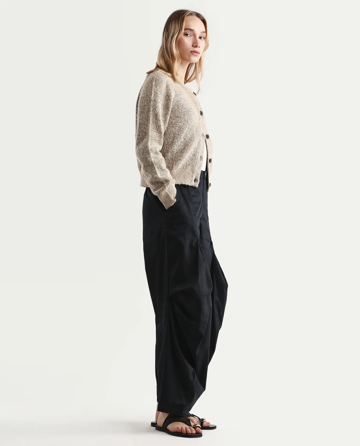 Rareism Women's Colema Black Cotton Plain Ankle Length Relaxed Fit Trouser