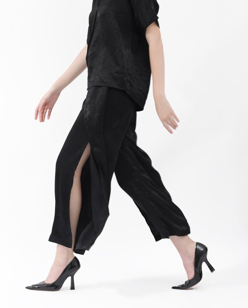 Rareism Women Colet Black Polyester Fabric Tie-Up Closure Wide Leg Fit Plain Ankle Length Trousers