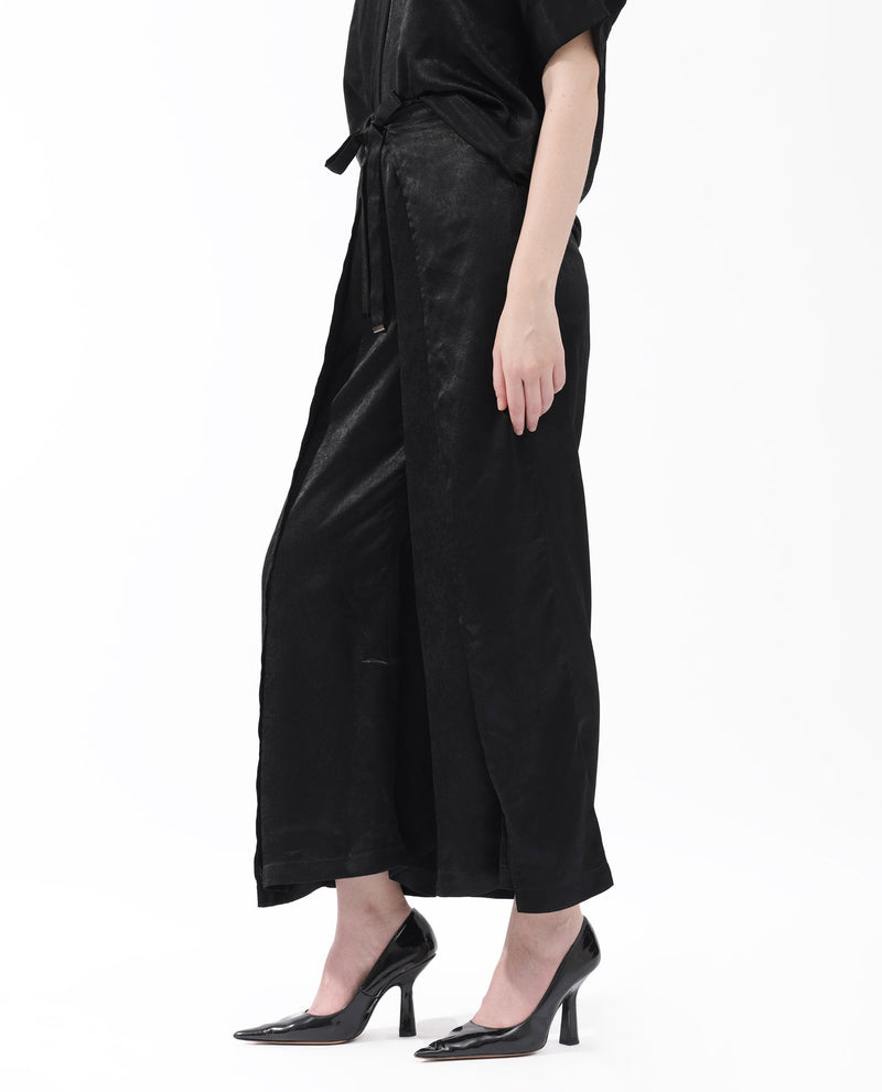 Rareism Women Colet Black Polyester Fabric Tie-Up Closure Wide Leg Fit Plain Ankle Length Trousers