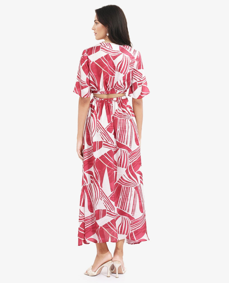 Rareism Women Colima Red Short Sleeve Over Lap Neck Fit And Flare Maxi Abstract Print Dress