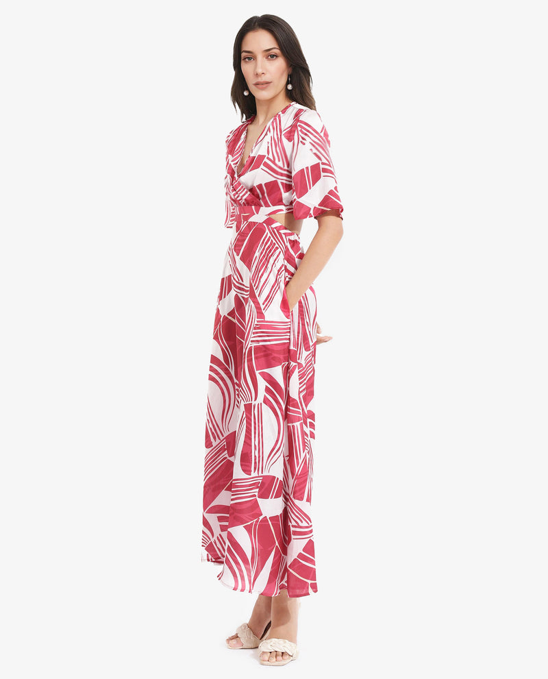 Rareism Women Colima Red Short Sleeve Over Lap Neck Fit And Flare Maxi Abstract Print Dress