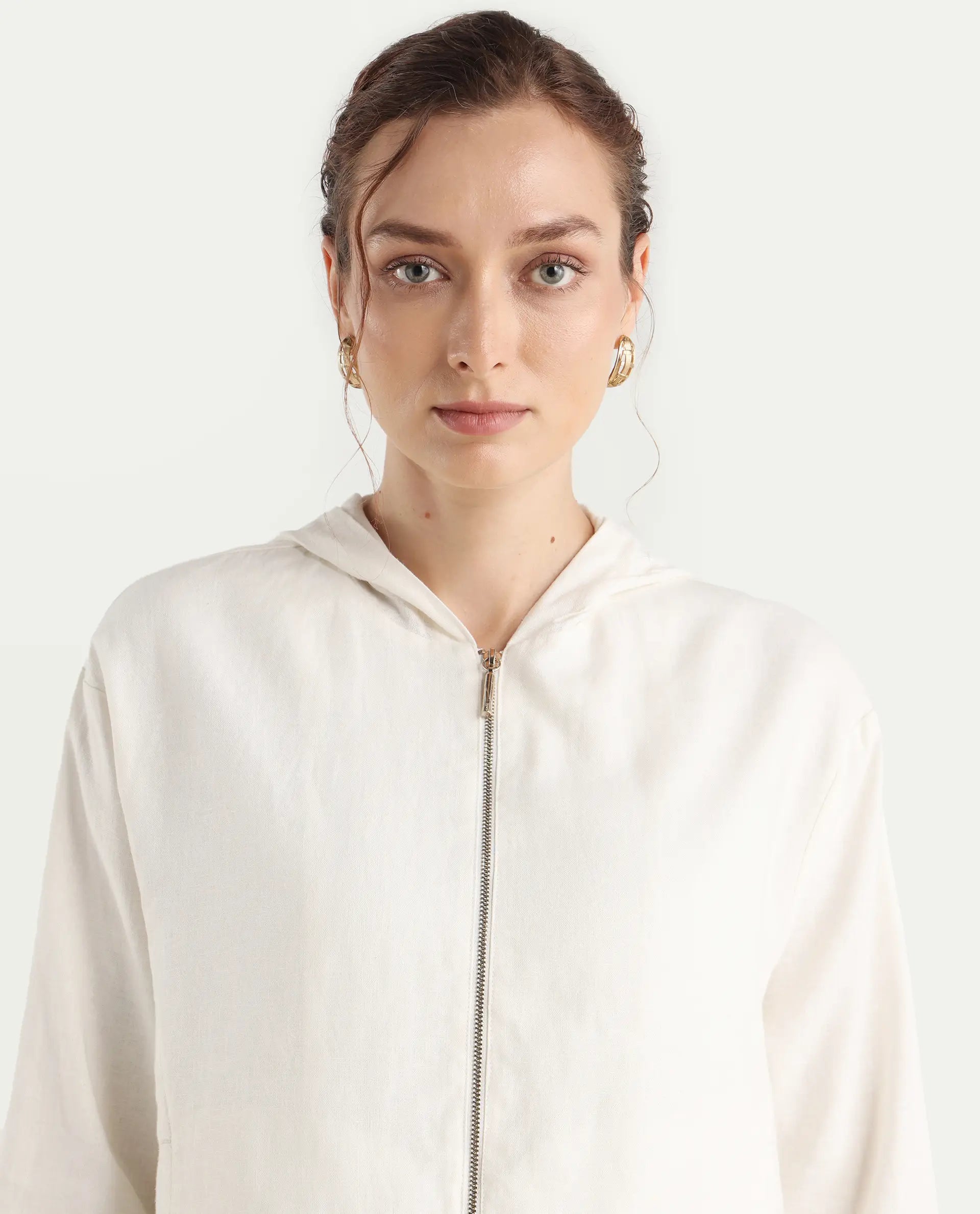 Rareism Women's Colin-T Off White Linen Blend Hooded Regular Fit Jacket