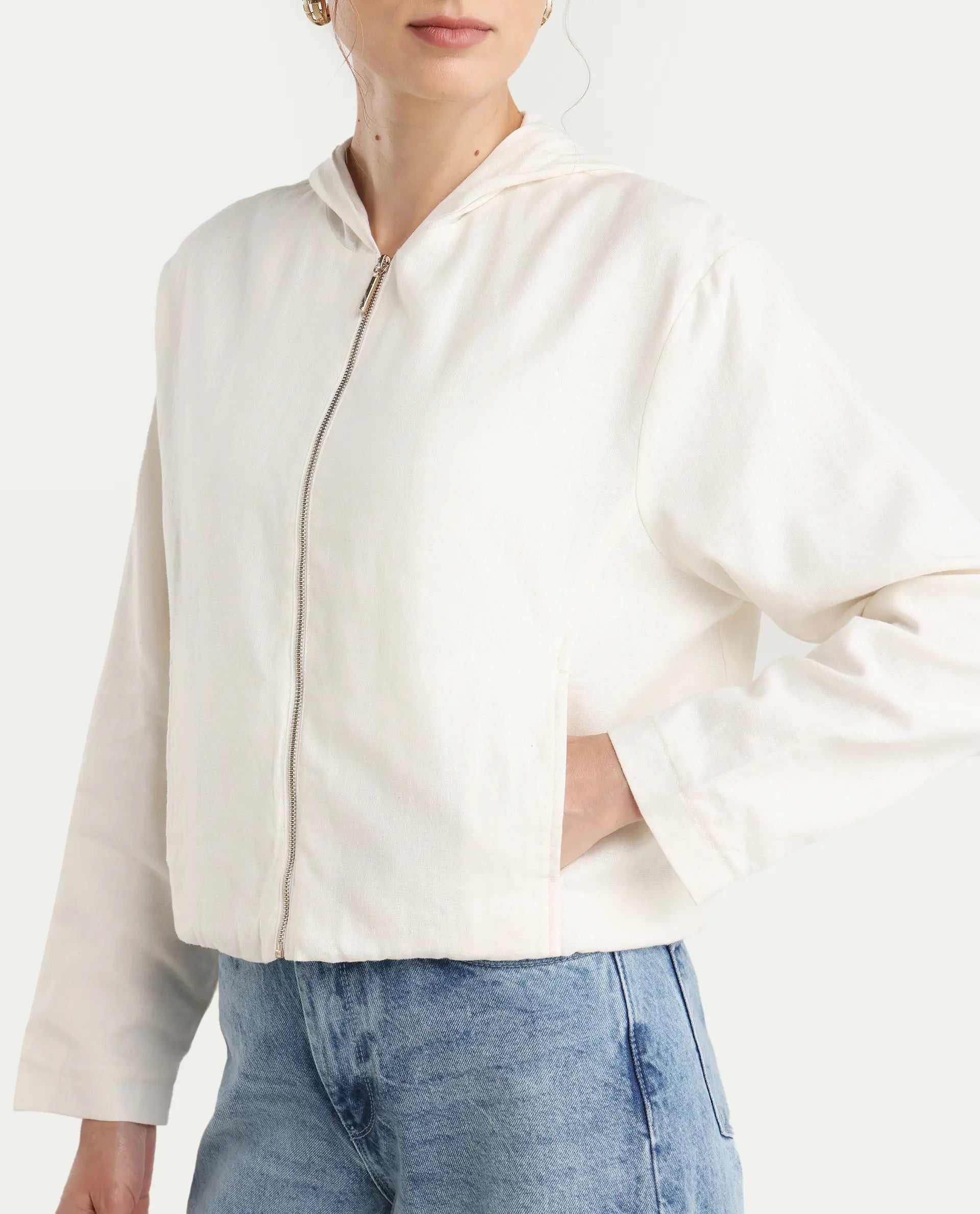 Rareism Women's Colin-T Off White Linen Blend Hooded Regular Fit Jacket