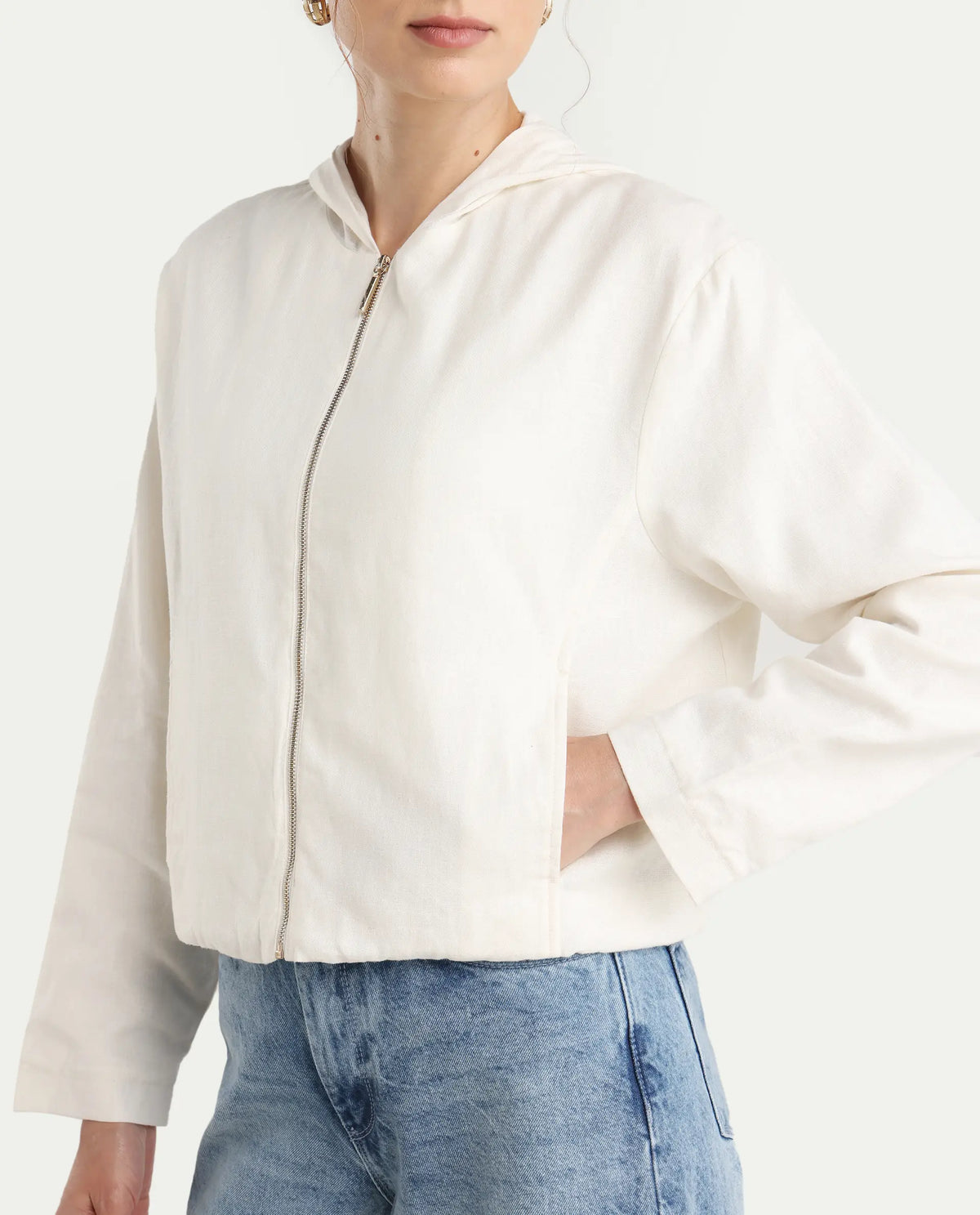 Rareism Women's Colin-T Off White Linen Blend Hooded Regular Fit Jacket