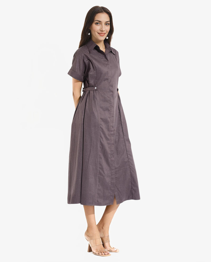 Rareism Women Comatch Brown Extended Sleeves Collared Neck Button Closure Fit And Flare Maxi Plain Dress