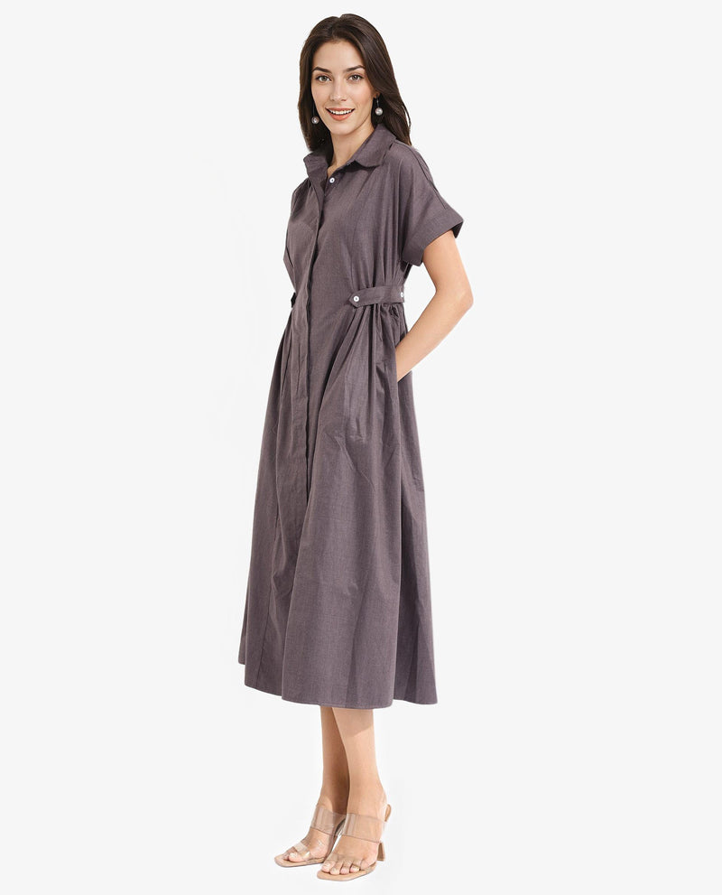 Rareism Women Comatch Brown Extended Sleeves Collared Neck Button Closure Fit And Flare Maxi Plain Dress