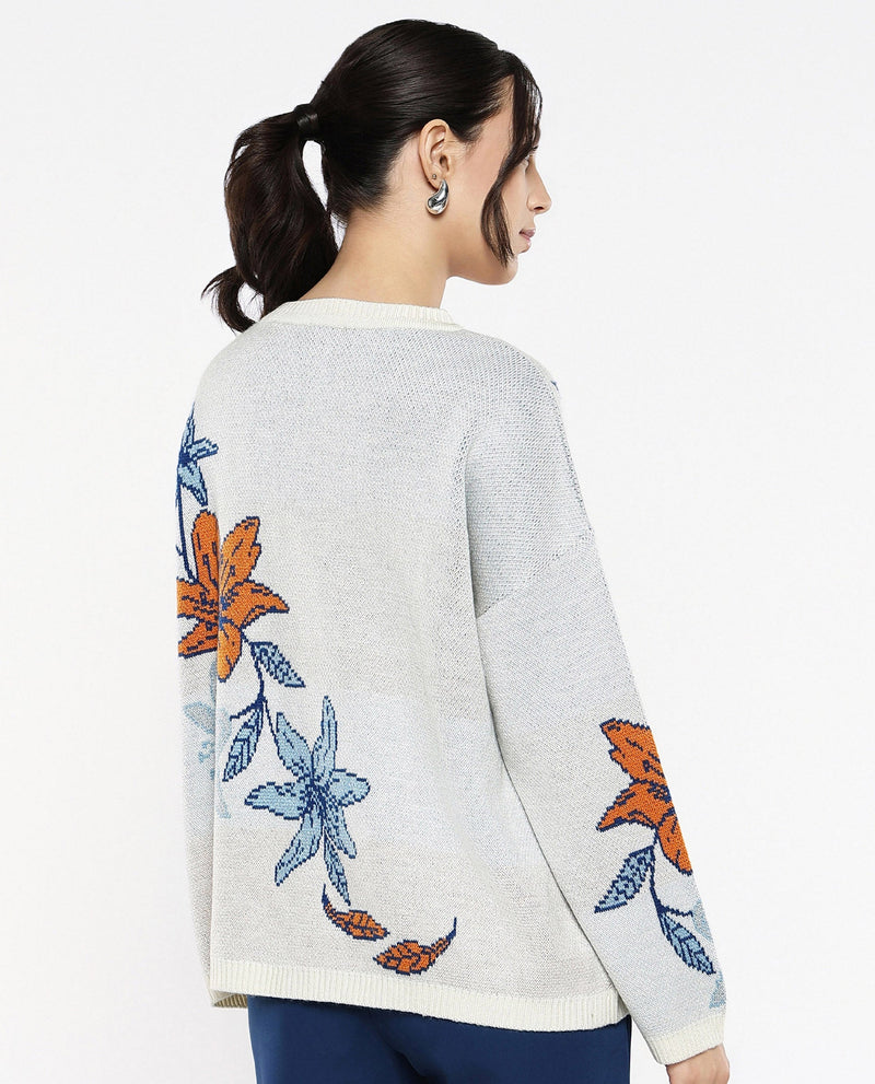 Rareism Women Cometry Off White Relaxed Fit Floral Jacquard Printed Sweater