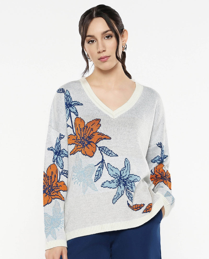 Rareism Women Cometry Off White Relaxed Fit Floral Jacquard Printed Sweater