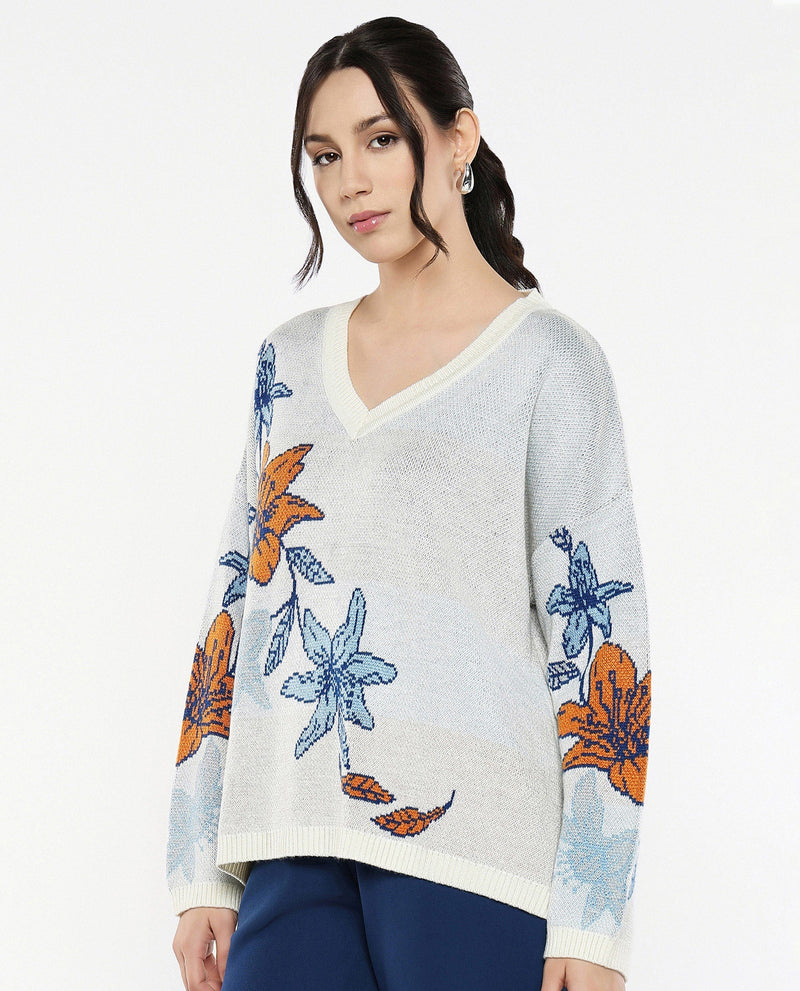 Rareism Women Cometry Off White Relaxed Fit Floral Jacquard Printed Sweater