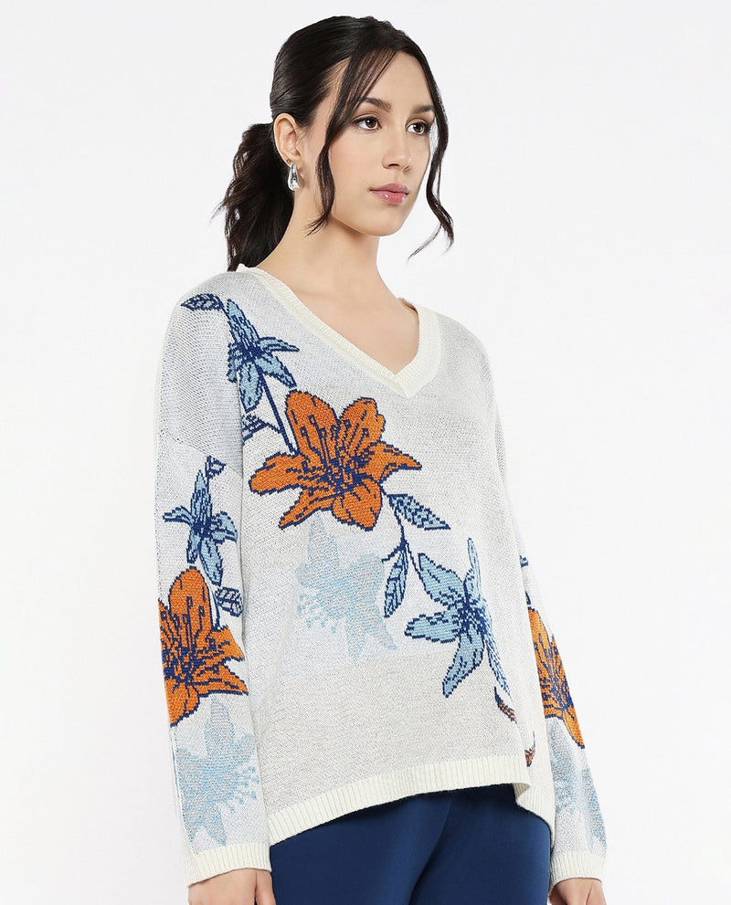 Rareism Women Cometry Off White Relaxed Fit Floral Jacquard Printed Sweater