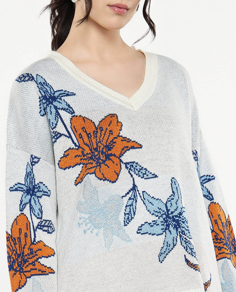 Rareism Women Cometry Off White Relaxed Fit Floral Jacquard Printed Sweater