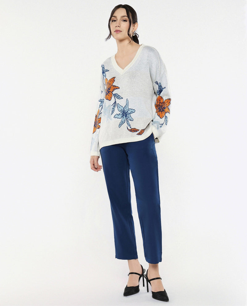 Rareism Women Cometry Off White Relaxed Fit Floral Jacquard Printed Sweater