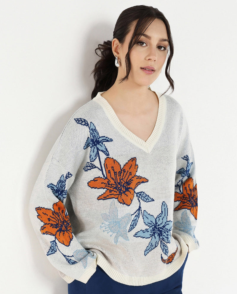 Rareism Women Cometry Off White Relaxed Fit Floral Jacquard Printed Sweater