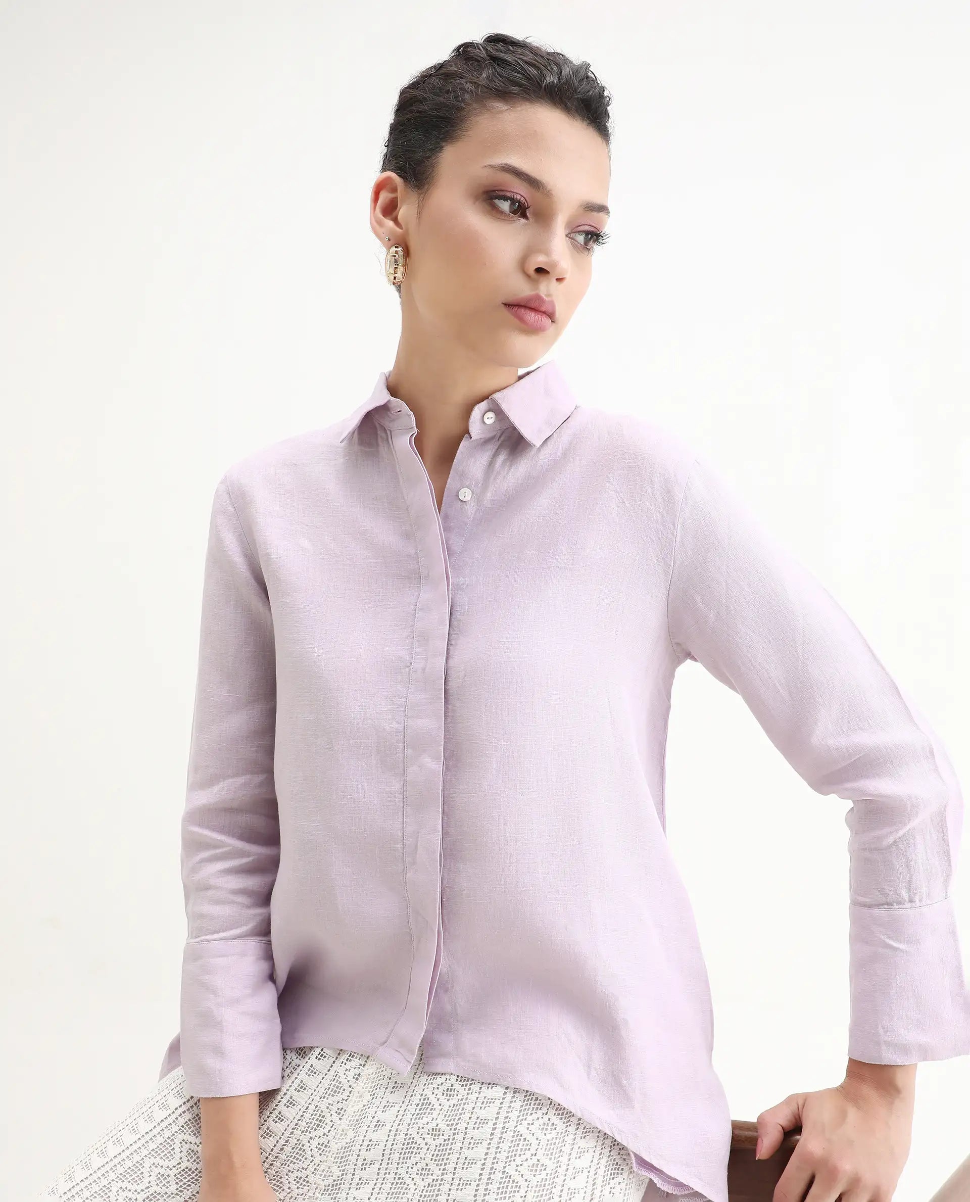 Rareism Women's Comfo Purple Linen Spread Collar Plain Relaxed Fit Top