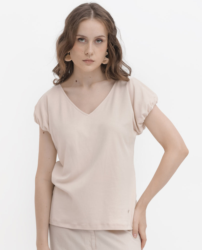 Rareism Women Conrad Beige Cotton Fabric Short Sleeves V-Neck Extended Sleeve Regular Fit Plain Top