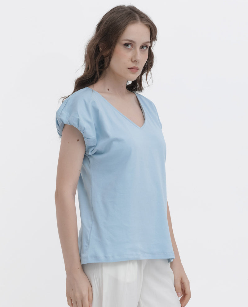 Rareism Women Conrad Light Blue Cotton Fabric Short Sleeves V-Neck Extended Sleeve Regular Fit Plain Top