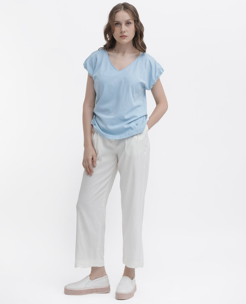 Rareism Women Conrad Light Blue Cotton Fabric Short Sleeves V-Neck Extended Sleeve Regular Fit Plain Top