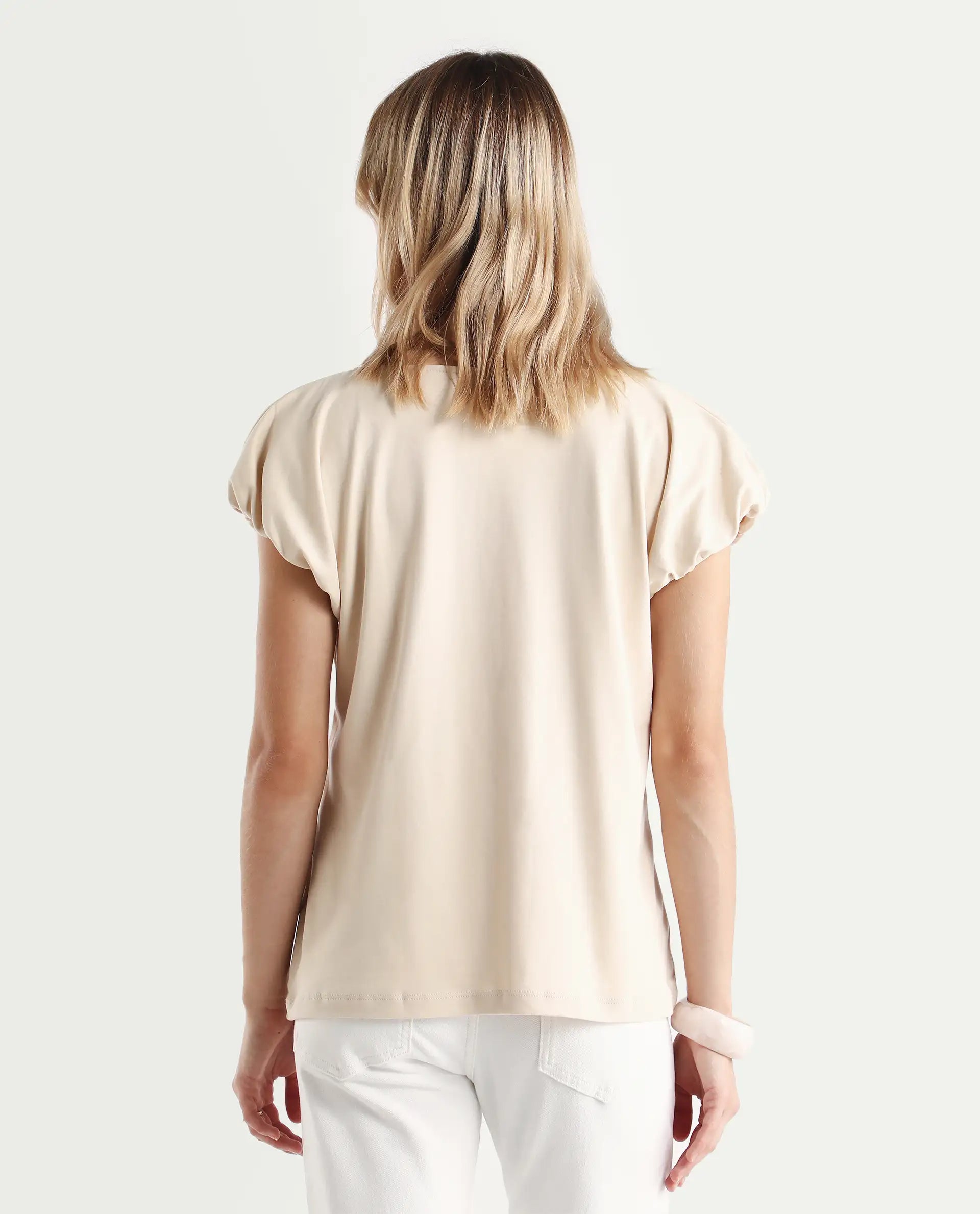 Rareism Women's Conrad Beige Cotton V-Neck Plain Extended Sleeves Regular Fit Top