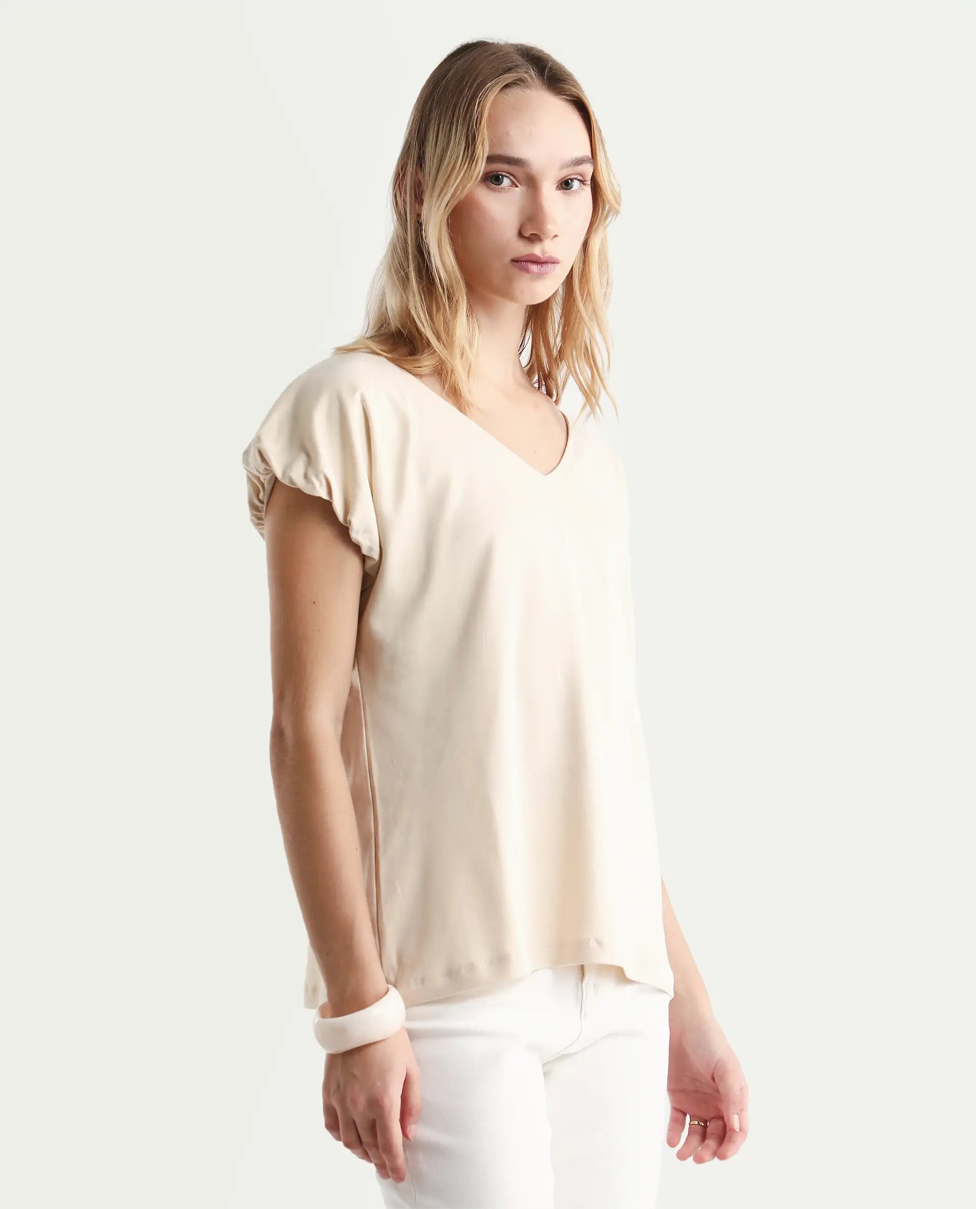 Rareism Women's Conrad Beige Cotton V-Neck Plain Extended Sleeves Regular Fit Top