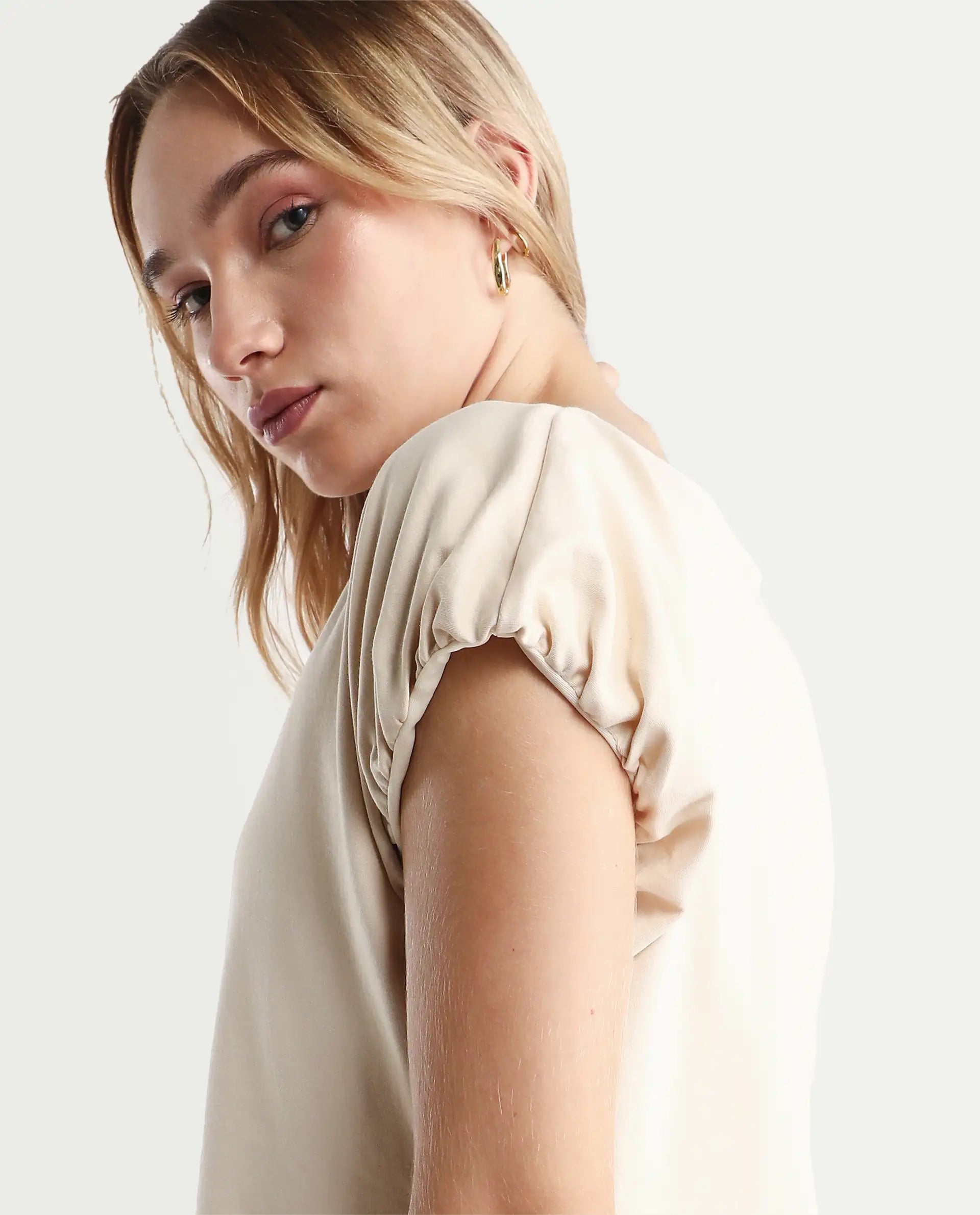 Rareism Women's Conrad Beige Cotton V-Neck Plain Extended Sleeves Regular Fit Top