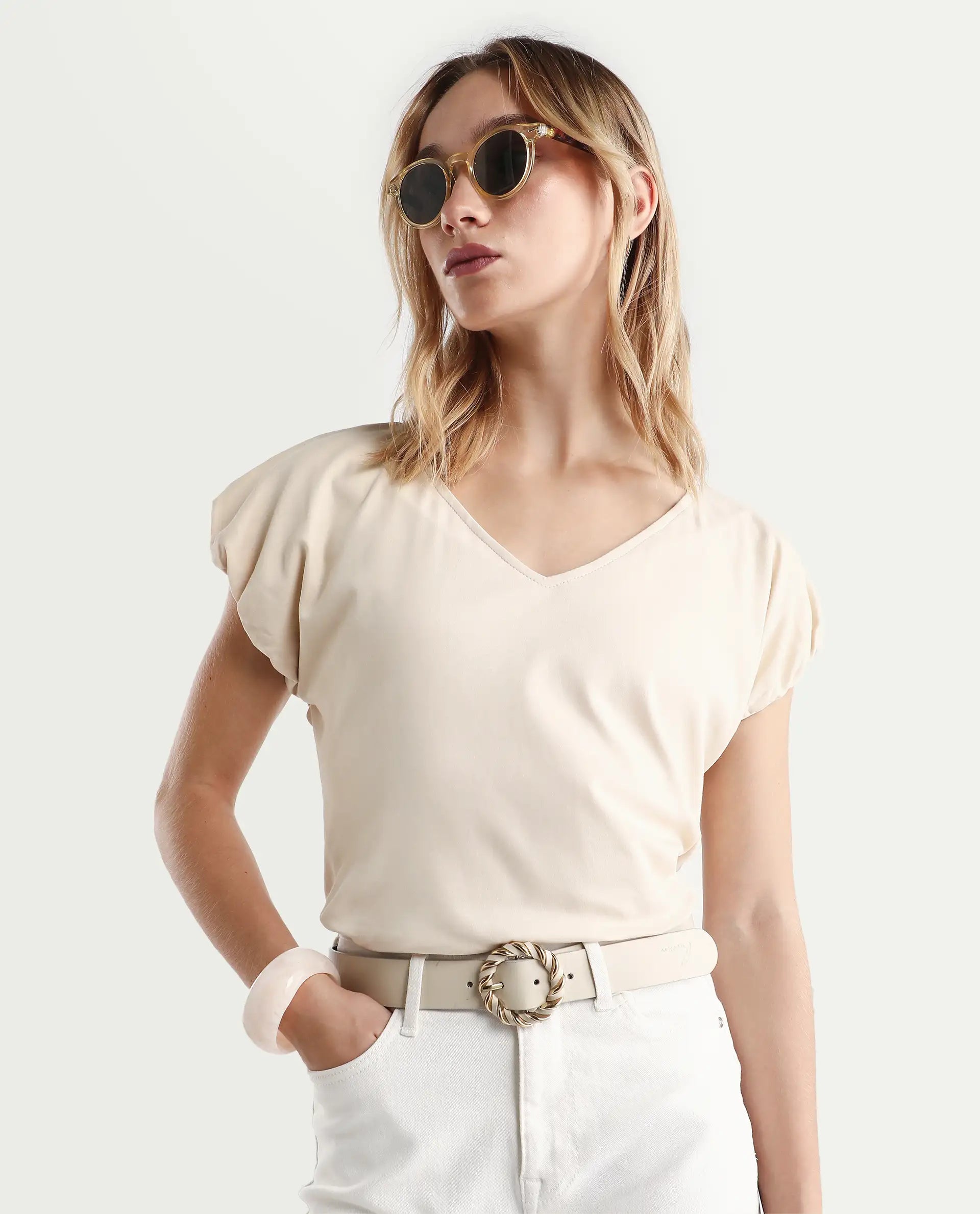 Rareism Women's Conrad Beige Cotton V-Neck Plain Extended Sleeves Regular Fit Top