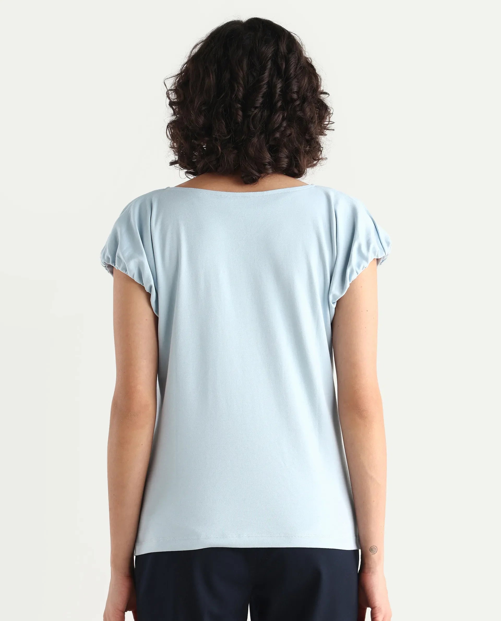 Rareism Women's Conrad Light Blue Cotton V-Neck Plain Extended Sleeves Regular Fit Top