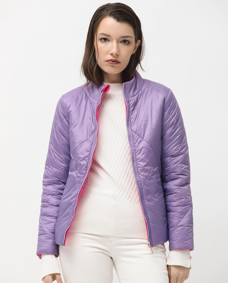 Rareism Women Cora 1 Purple Nylon Fabric Full Sleeves Zip Closure High Neck Regular Fit Plain Jacket