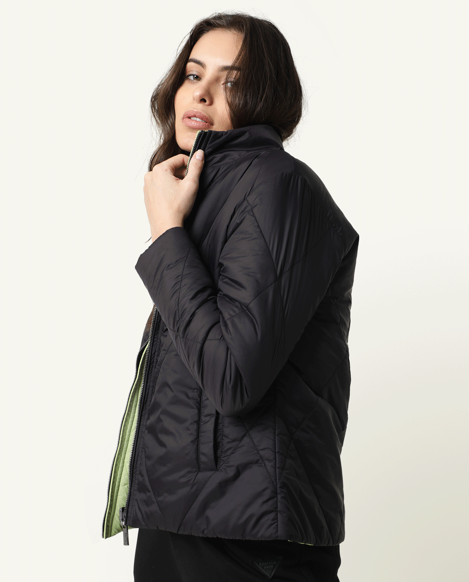 Rareism Women Cora Black Polyester Fabric Full Sleeves Solid High Neck Jacket