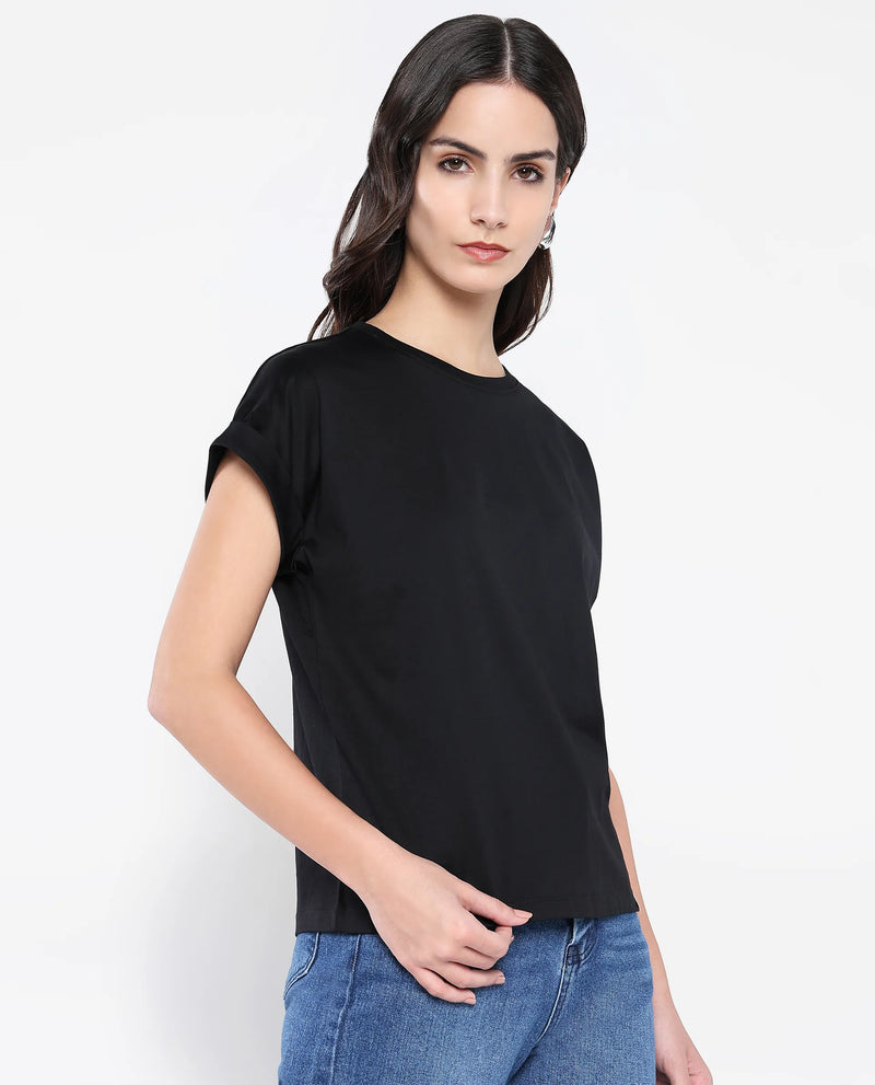 Rareism Women Cors Black Cotton Blend Fabric Extended Sleeves Crew Neck Relaxed Fit Plain T-Shirt