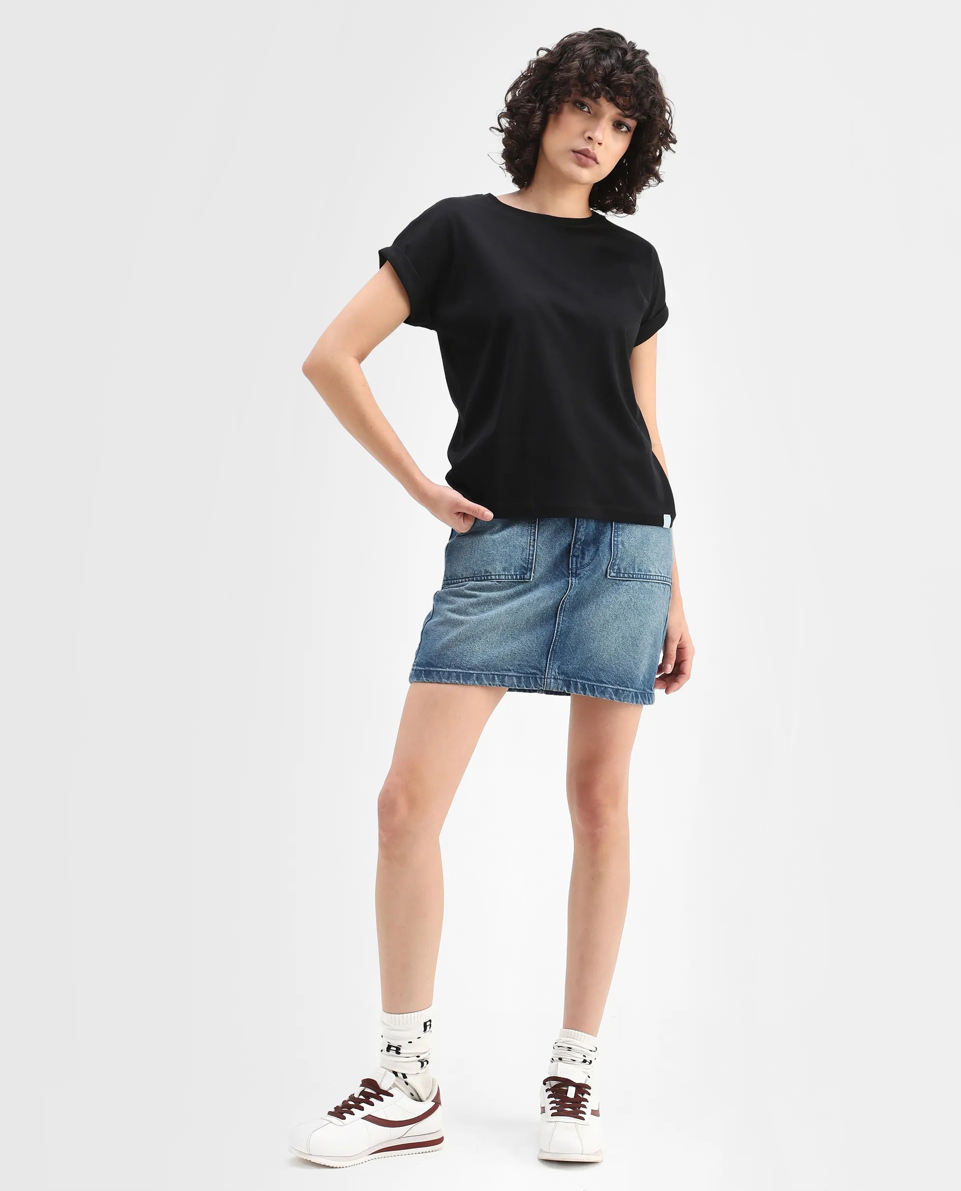 Rareism Women's Cors Black Cotton Blend Crew Neck Plain Extended Sleeves Relaxed Fit T-Shirt